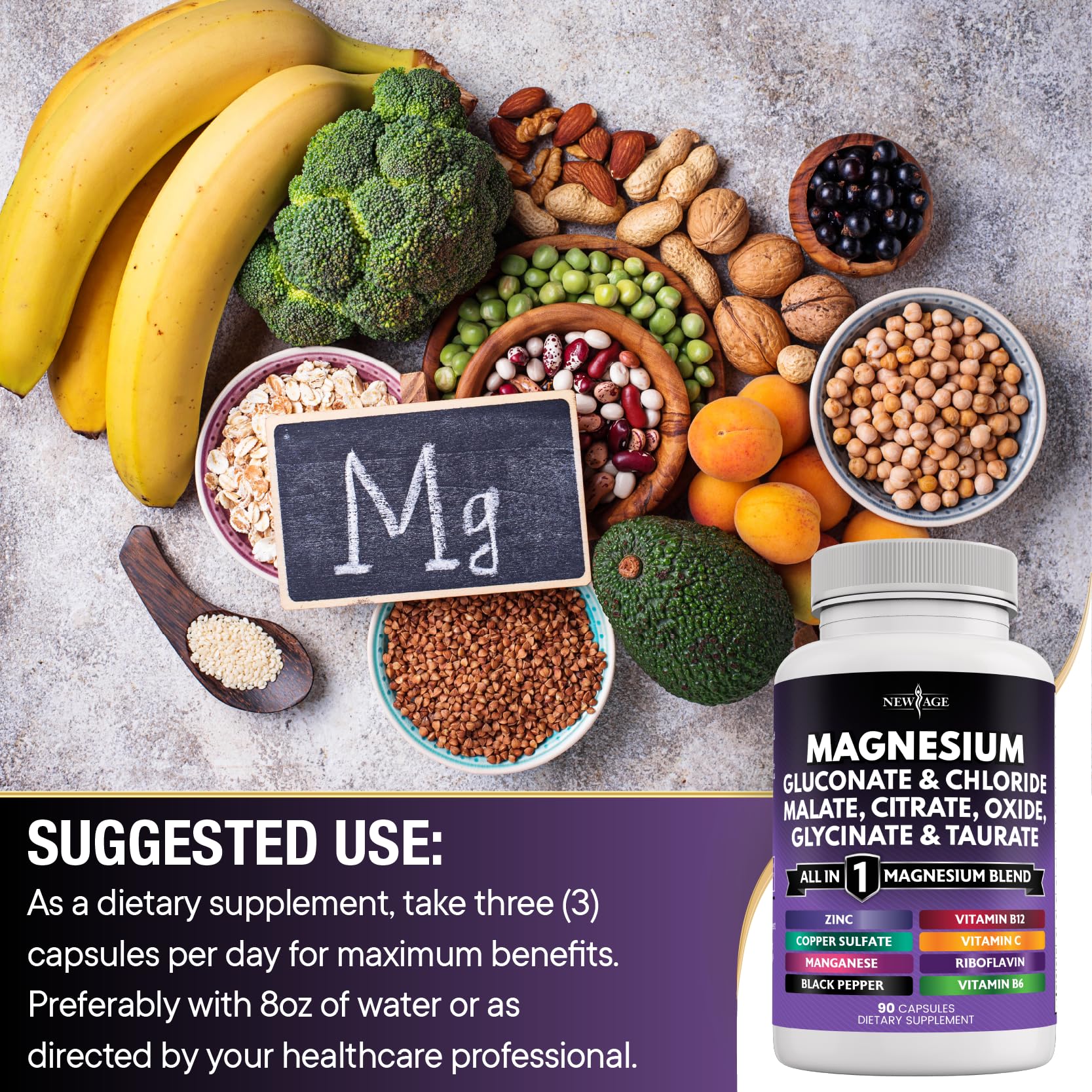 NEW AGE Magnesium Complex Supplement – 270 Count for Bone & Joint Support