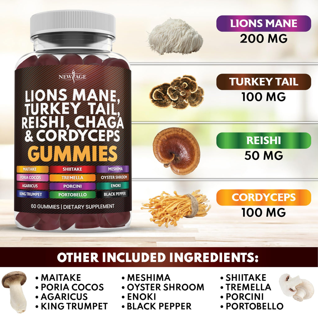 NEW AGE Mushroom Lion's Mane Gummies - 180 Count | 20+ Mushrooms, Reishi, Cordyceps | Made in USA