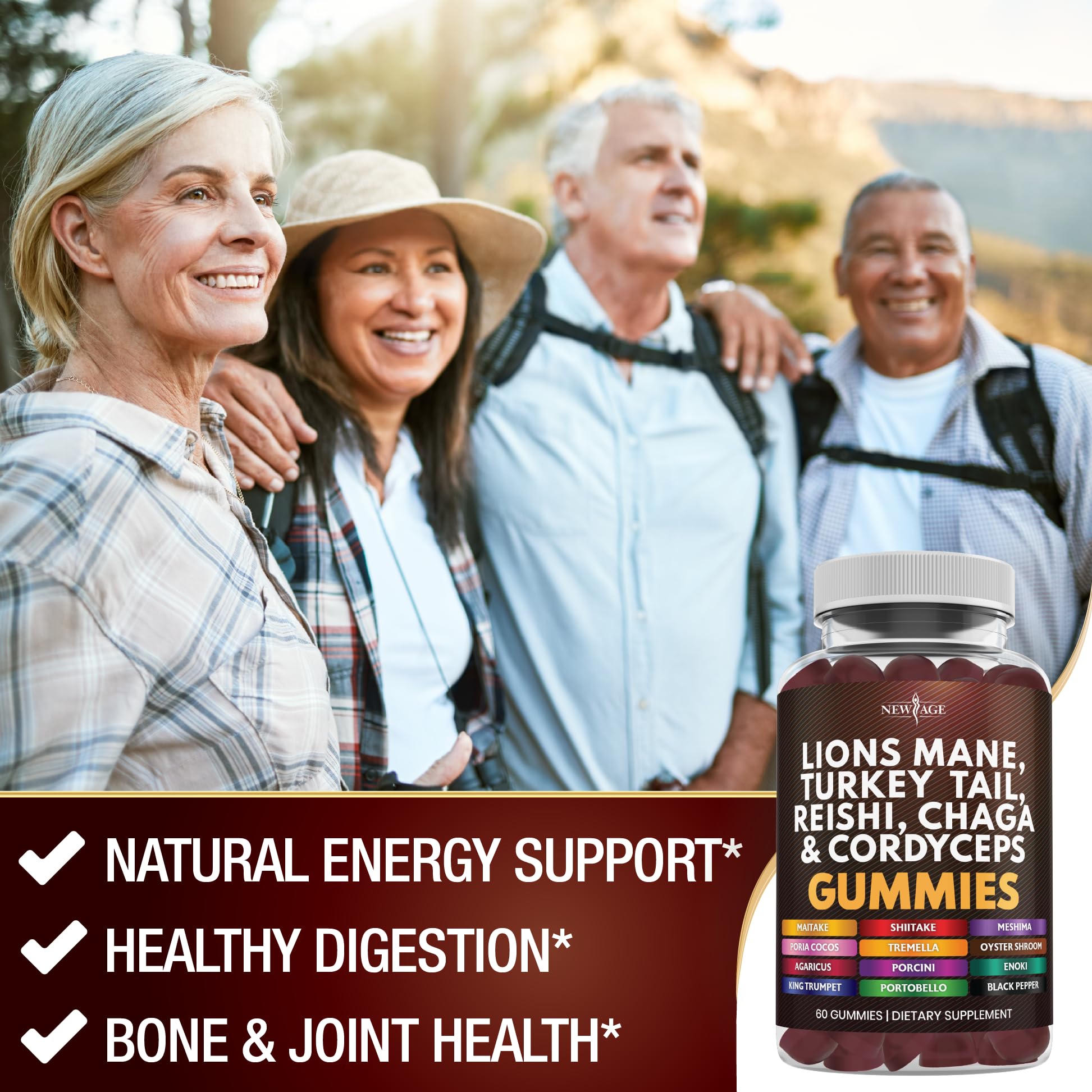 NEW AGE Mushroom Lion's Mane Gummies - 180 Count | 20+ Mushrooms, Reishi, Cordyceps | Made in USA