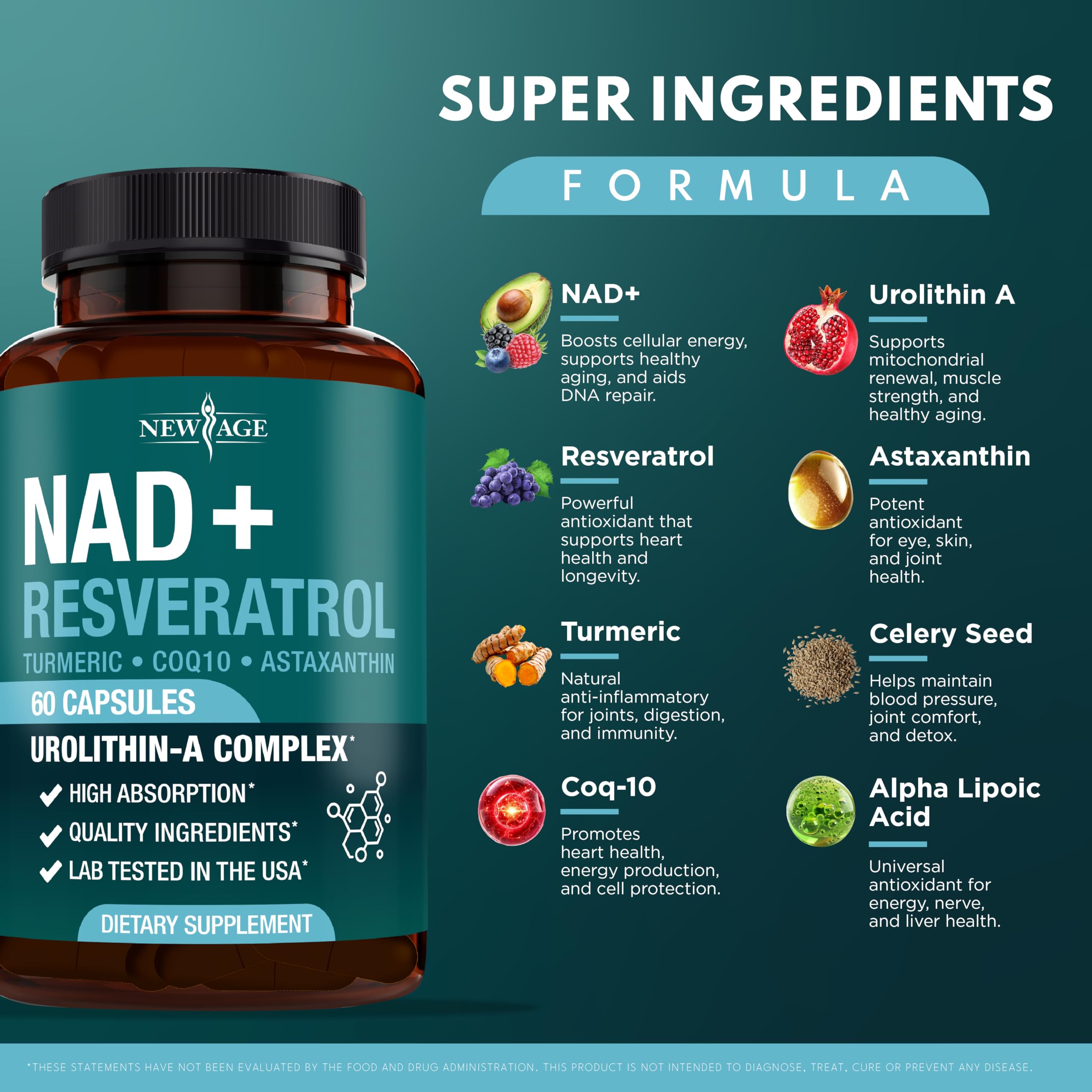 NEW AGE NAD+ Supplement Complex – 300 mg NAD+, Astaxanthin, Urolithin A, Resveratrol & CoQ10 – Vegan, Non-GMO