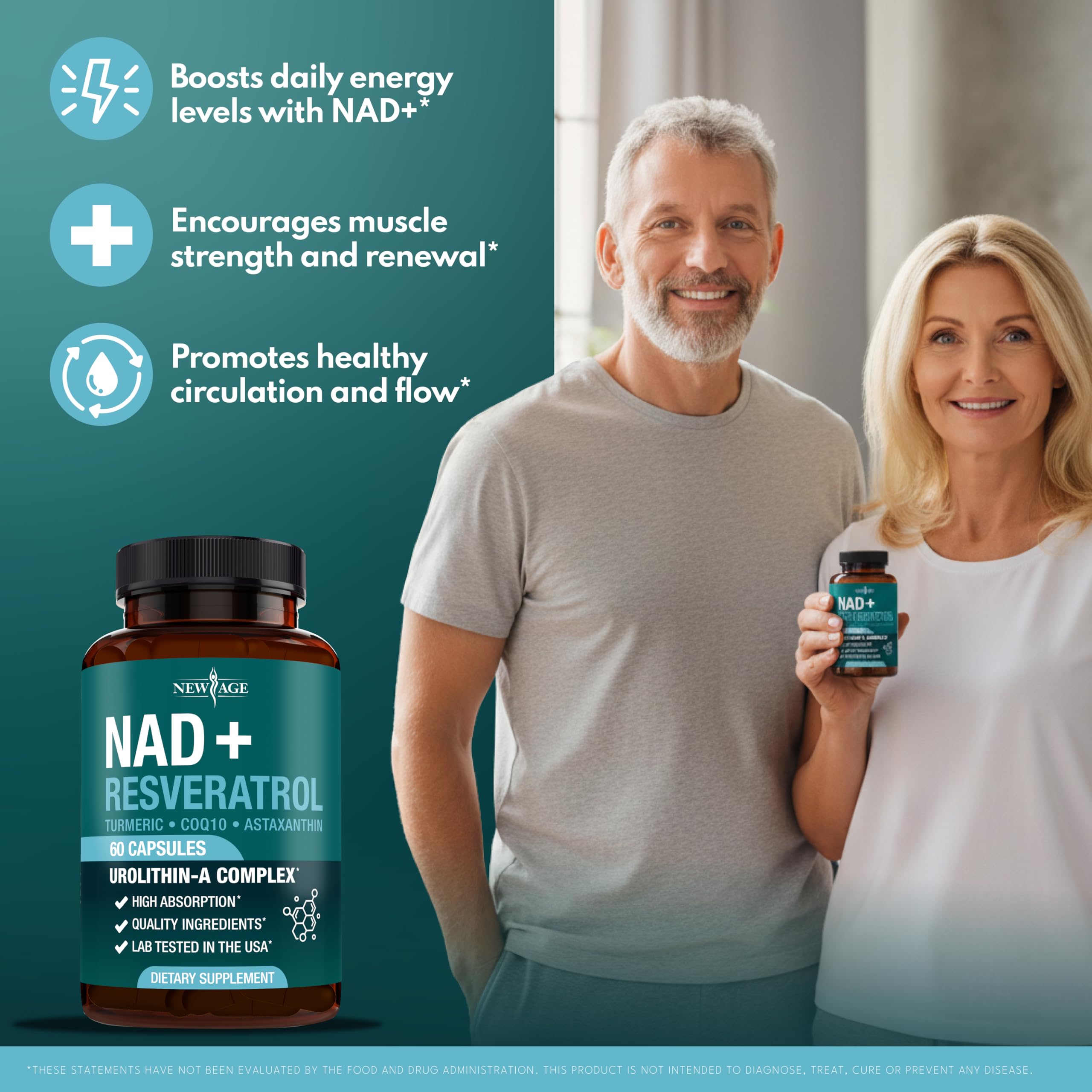 NEW AGE NAD+ Supplement Complex – 300 mg NAD+, Astaxanthin, Urolithin A, Resveratrol & CoQ10 – Vegan, Non-GMO