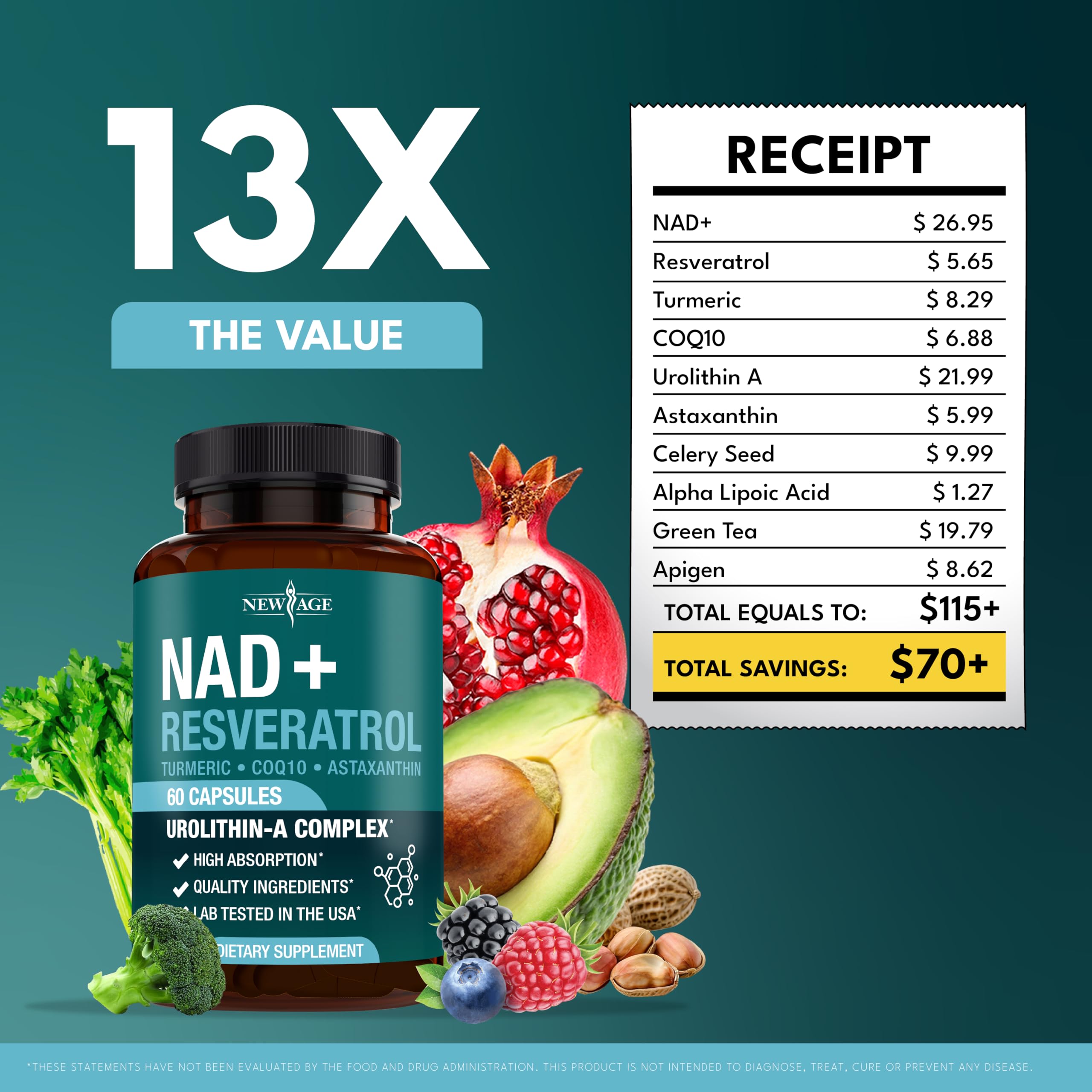 NEW AGE NAD+ Supplement Complex – 300 mg NAD+, Astaxanthin, Urolithin A, Resveratrol & CoQ10 – Vegan, Non-GMO