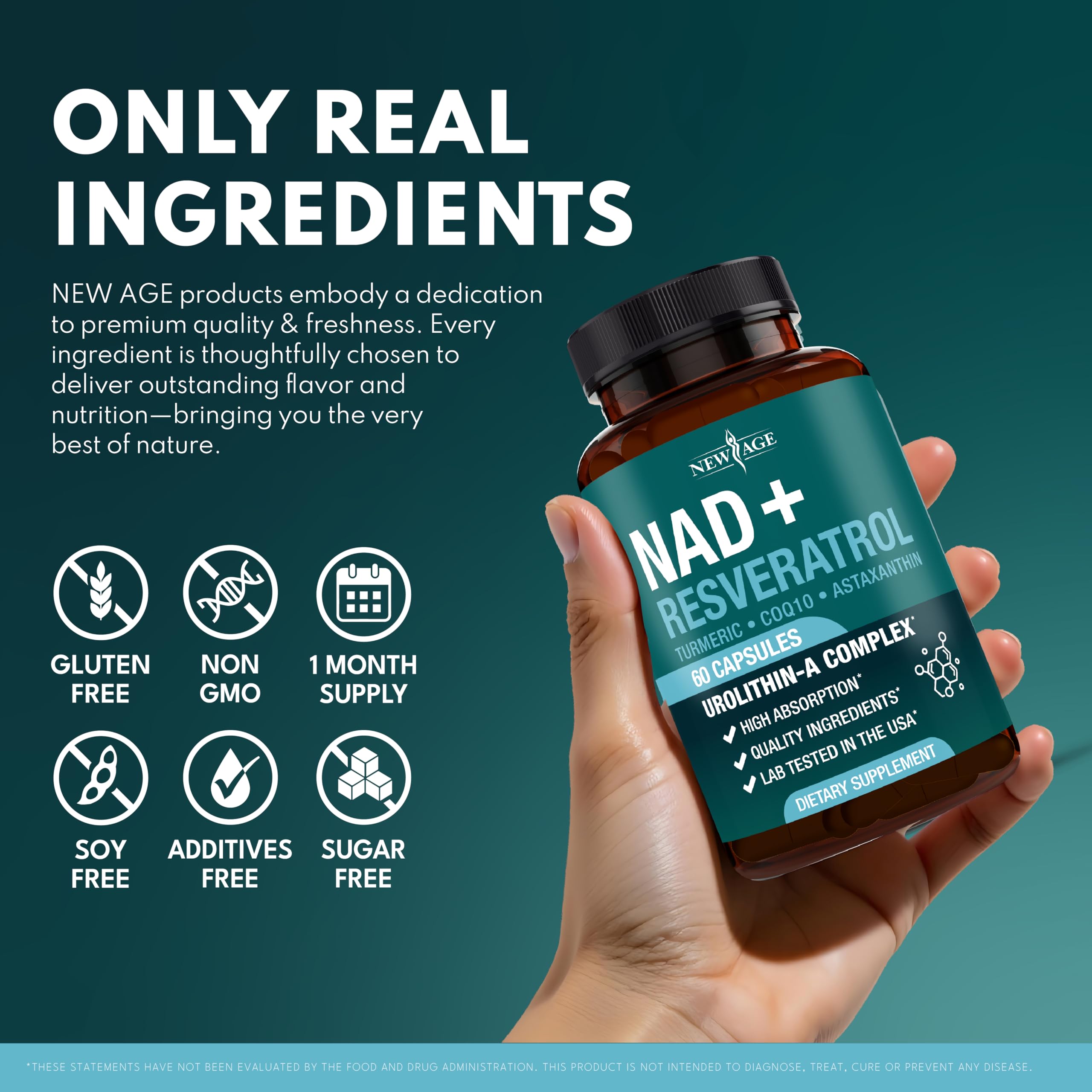 NEW AGE NAD+ Supplement Complex – 300 mg NAD+, Astaxanthin, Urolithin A, Resveratrol & CoQ10 – Vegan, Non-GMO