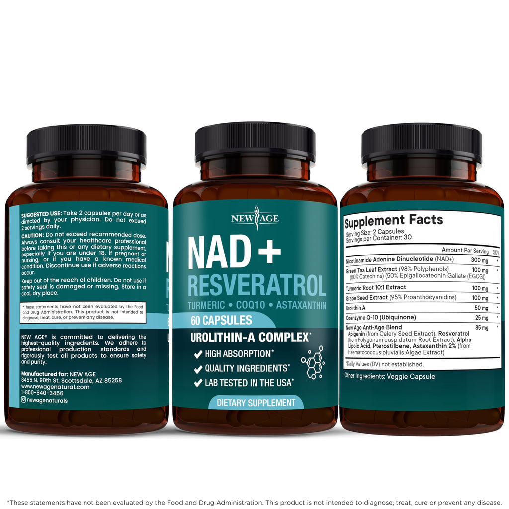NEW AGE NAD+ Supplement Complex – 300 mg NAD+, Astaxanthin, Urolithin A, Resveratrol & CoQ10 – Vegan, Non-GMO