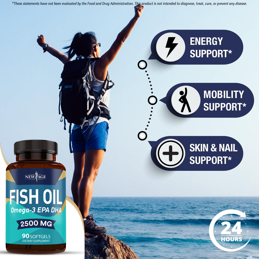 NEW AGE Omega 3 Fish Oil 2500mg Supplement - Non-GMO, Gluten Free | EPA & DHA 180 Softgels (Pack of 2)