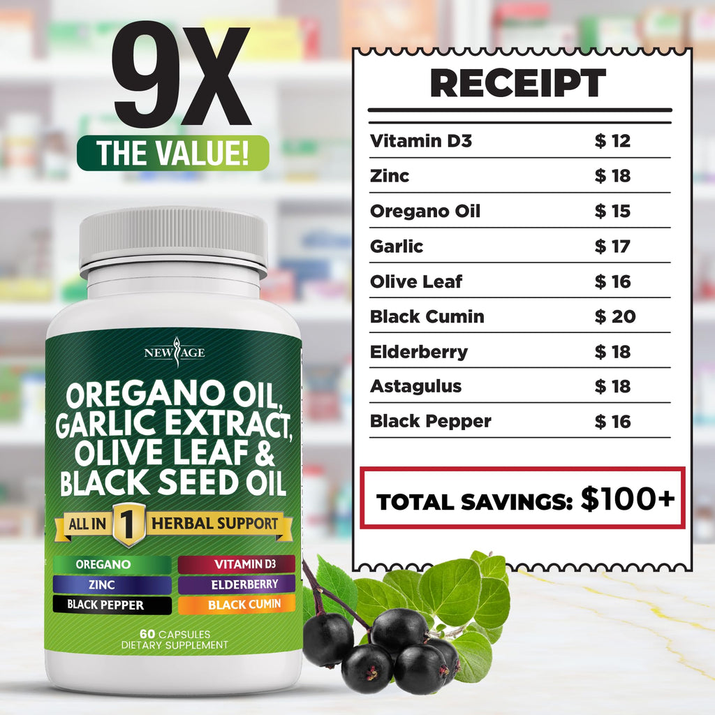NEW AGE Oregano Oil Garlic Extract Olive Leaf with Astragalus – 60 Count