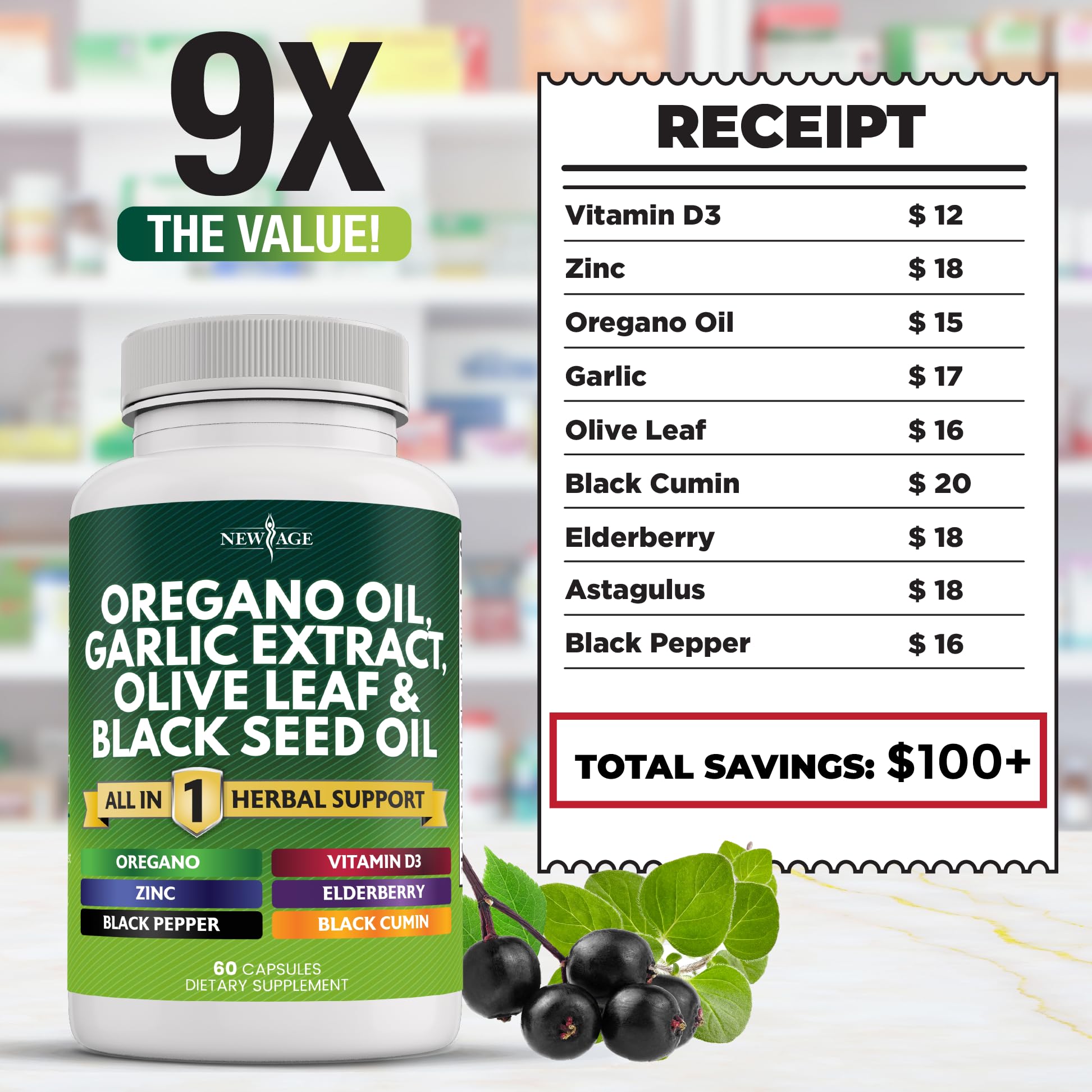 NEW AGE Oregano Oil Garlic Extract Olive Leaf with Astragalus – 60 Count