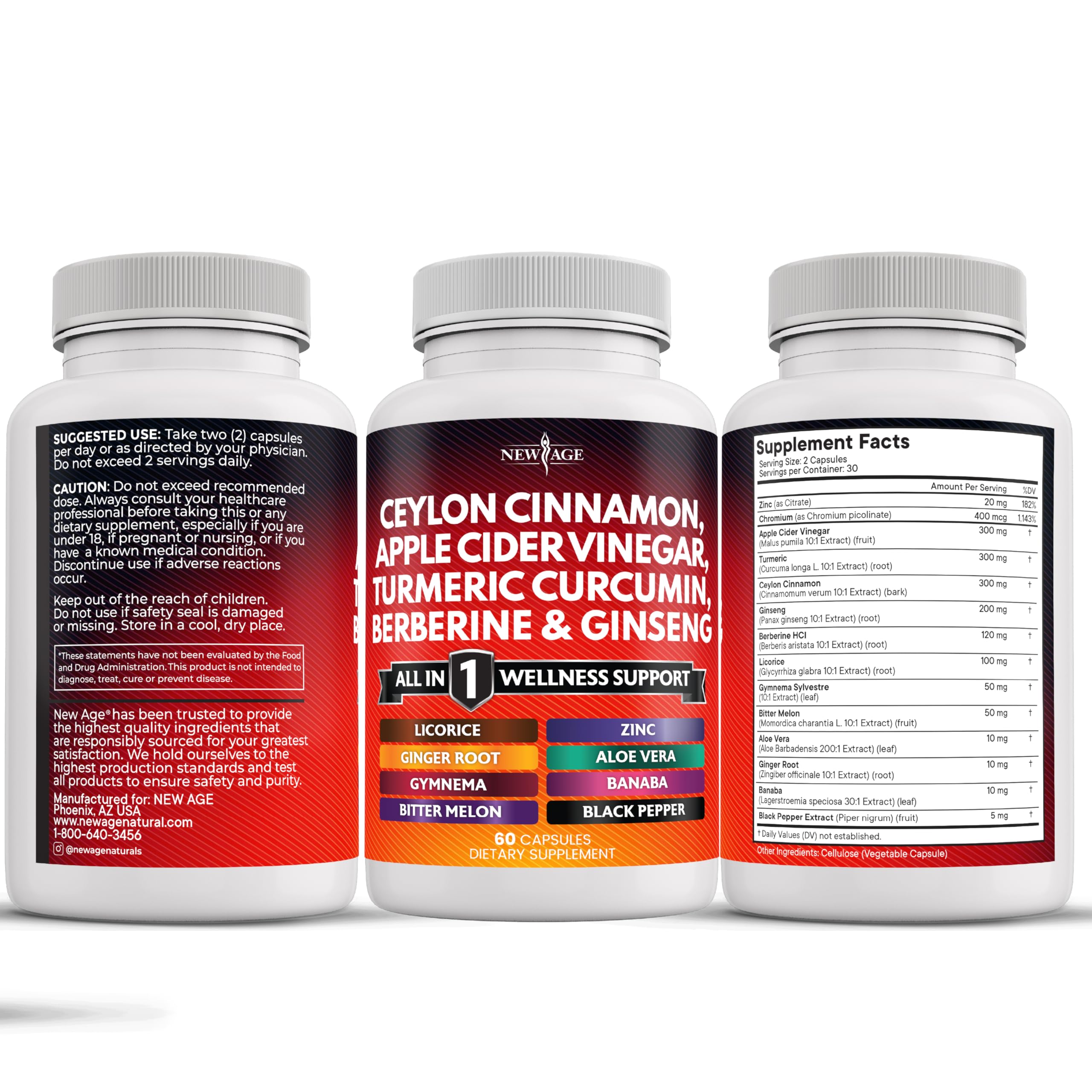 NEW AGE Ceylon Cinnamon Turmeric ACV Ginseng 14-in-1 Capsule – 180 Count