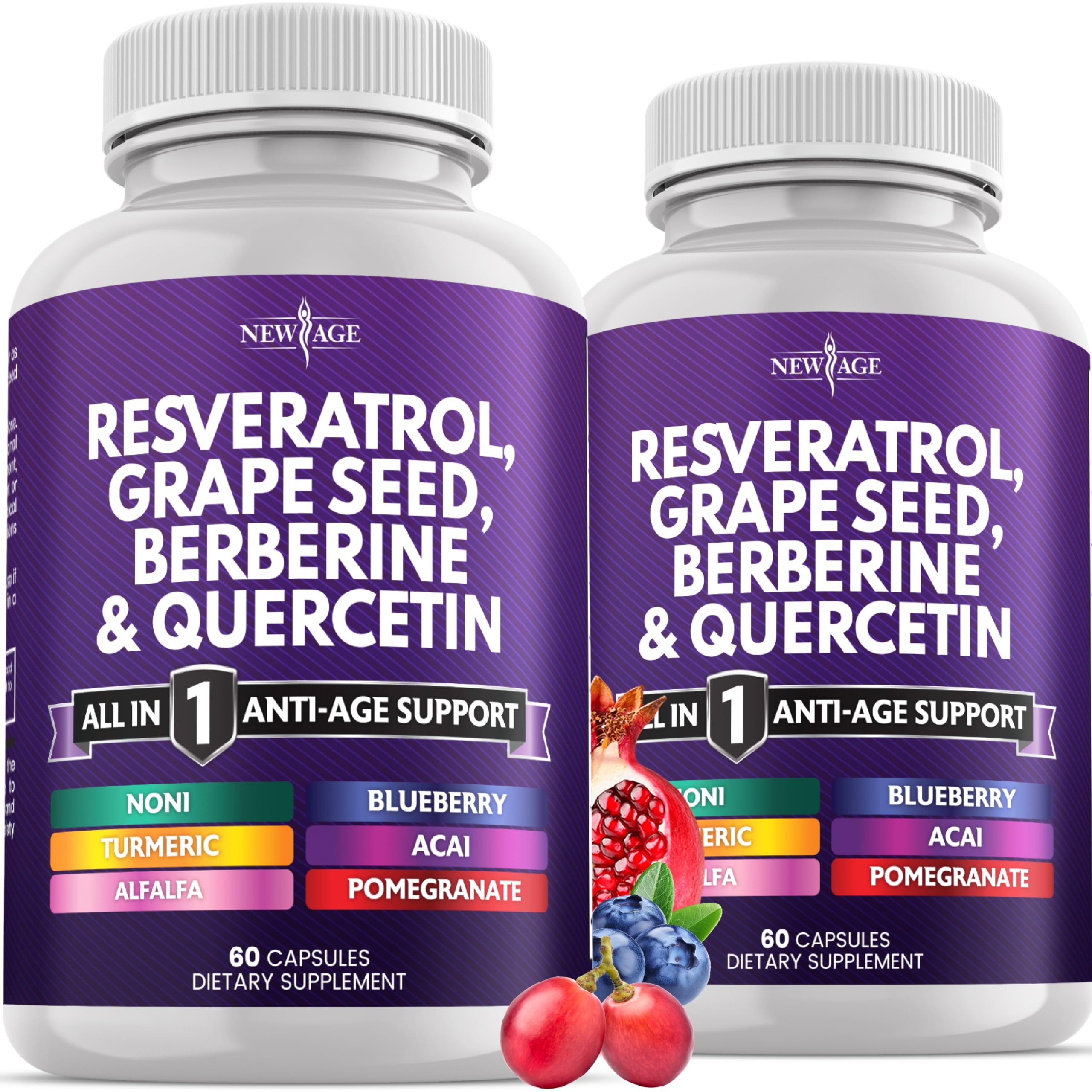 NEW AGE Resveratrol Berberine Grape Seed Polyphenol Supplement – 120 Capsules (Women & Men) with Noni, NAC & Acai