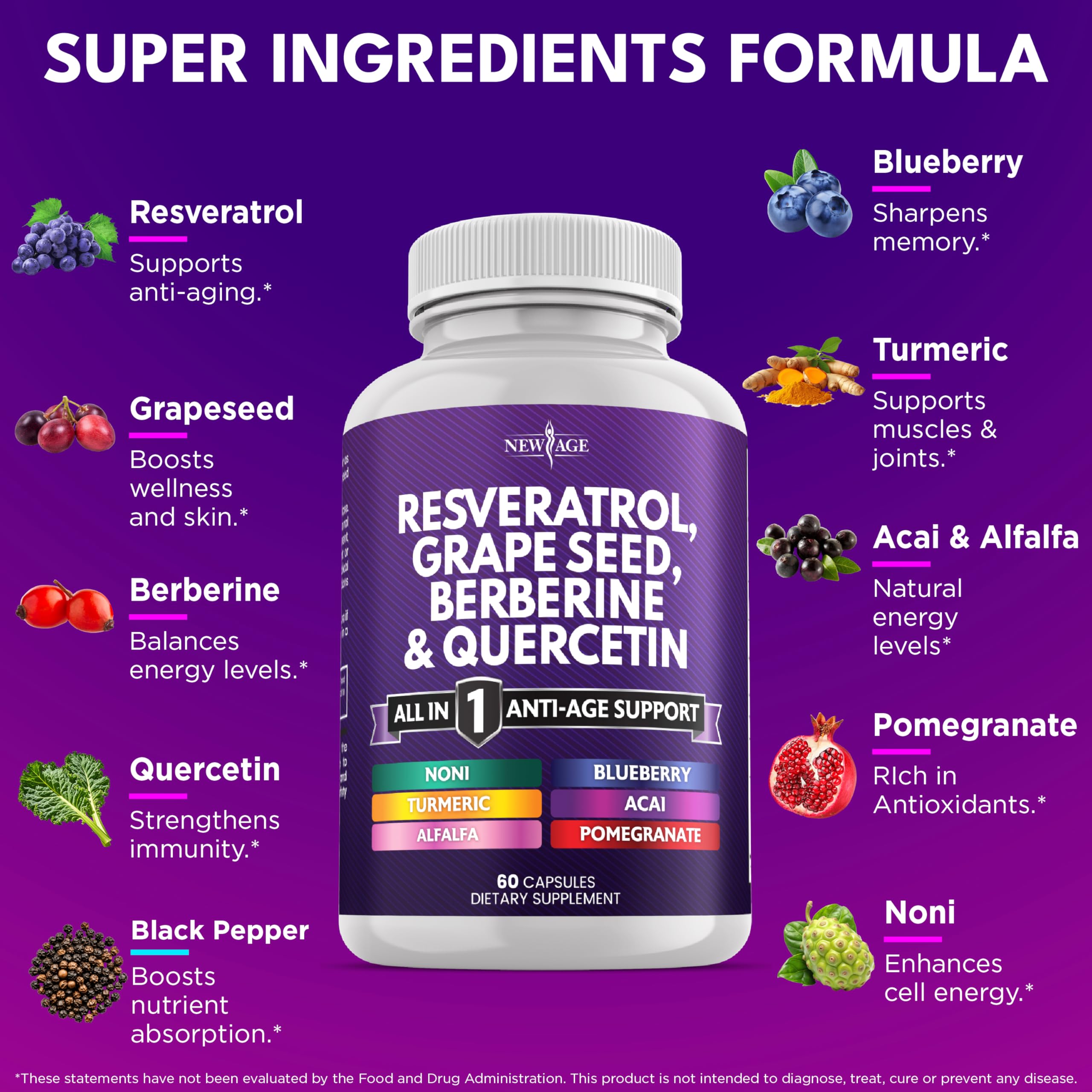NEW AGE Resveratrol Berberine Grape Seed Polyphenol Supplement – 120 Capsules (Women & Men) with Noni, NAC & Acai