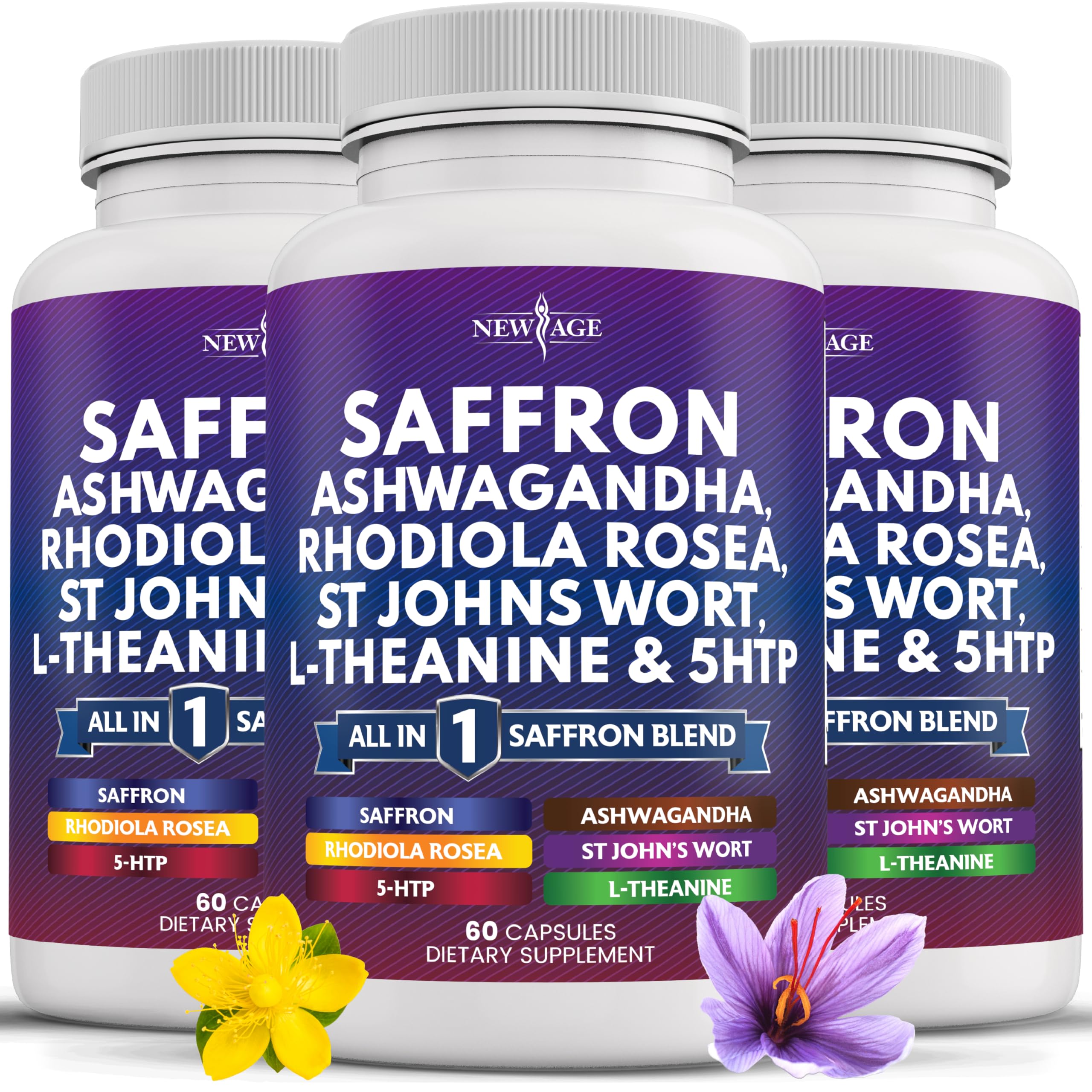 NEW AGE Saffron Supplements with Ashwagandha - 180 Count | L-Theanine, Ginkgo Biloba, St. John's Wort, Rhodiola & 5-HTP