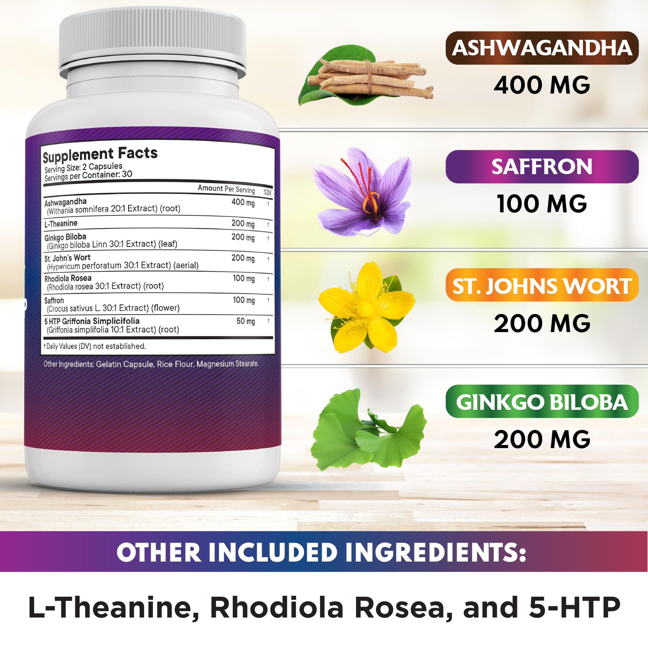 NEW AGE Saffron Supplements with Ashwagandha - 180 Count | L-Theanine, Ginkgo Biloba, St. John's Wort, Rhodiola & 5-HTP