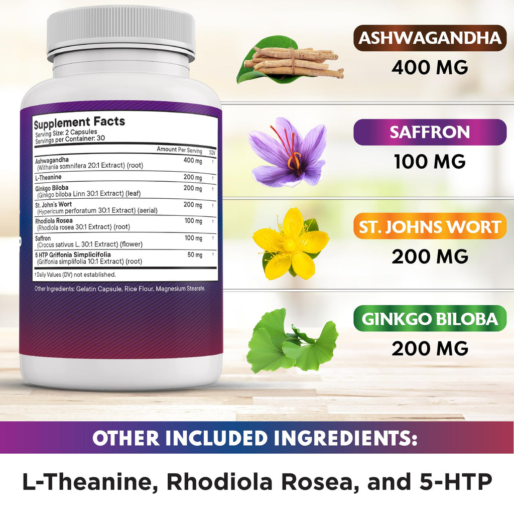 NEW AGE Saffron Supplements with Ashwagandha - 180 Count | L-Theanine, Ginkgo Biloba, St. John's Wort, Rhodiola & 5-HTP