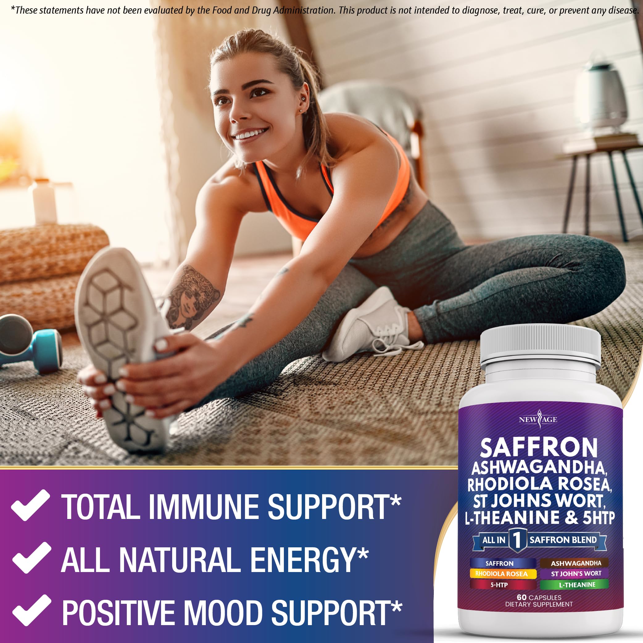 NEW AGE Saffron Supplements with Ashwagandha - 180 Count | L-Theanine, Ginkgo Biloba, St. John's Wort, Rhodiola & 5-HTP
