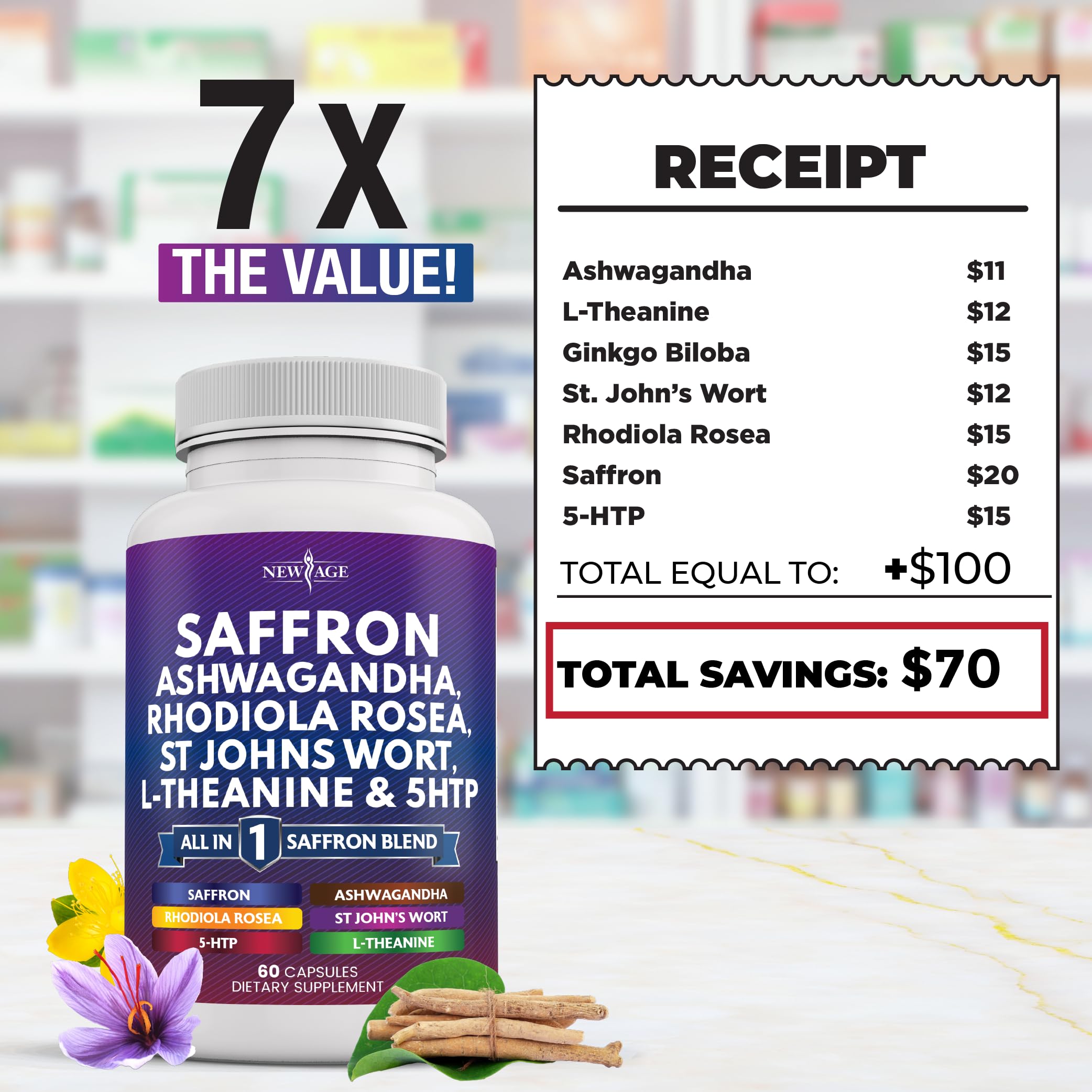 NEW AGE Saffron Supplements with Ashwagandha - 180 Count | L-Theanine, Ginkgo Biloba, St. John's Wort, Rhodiola & 5-HTP