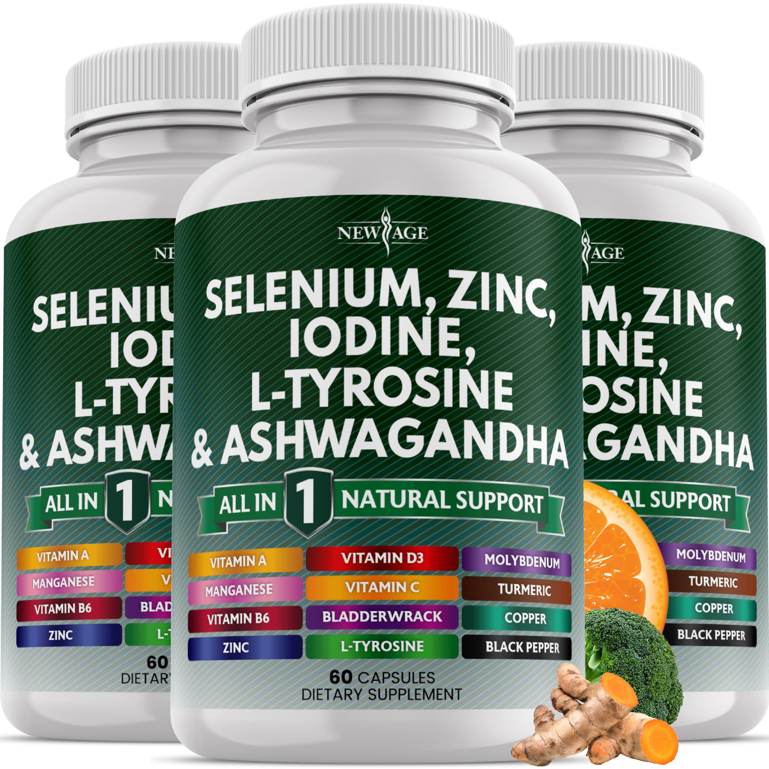 NEW AGE Thyroid Support Supplement with Selenium, Zinc, Iodine, L-Tyrosine, Ashwagandha — 60 Count (Pack of 3)