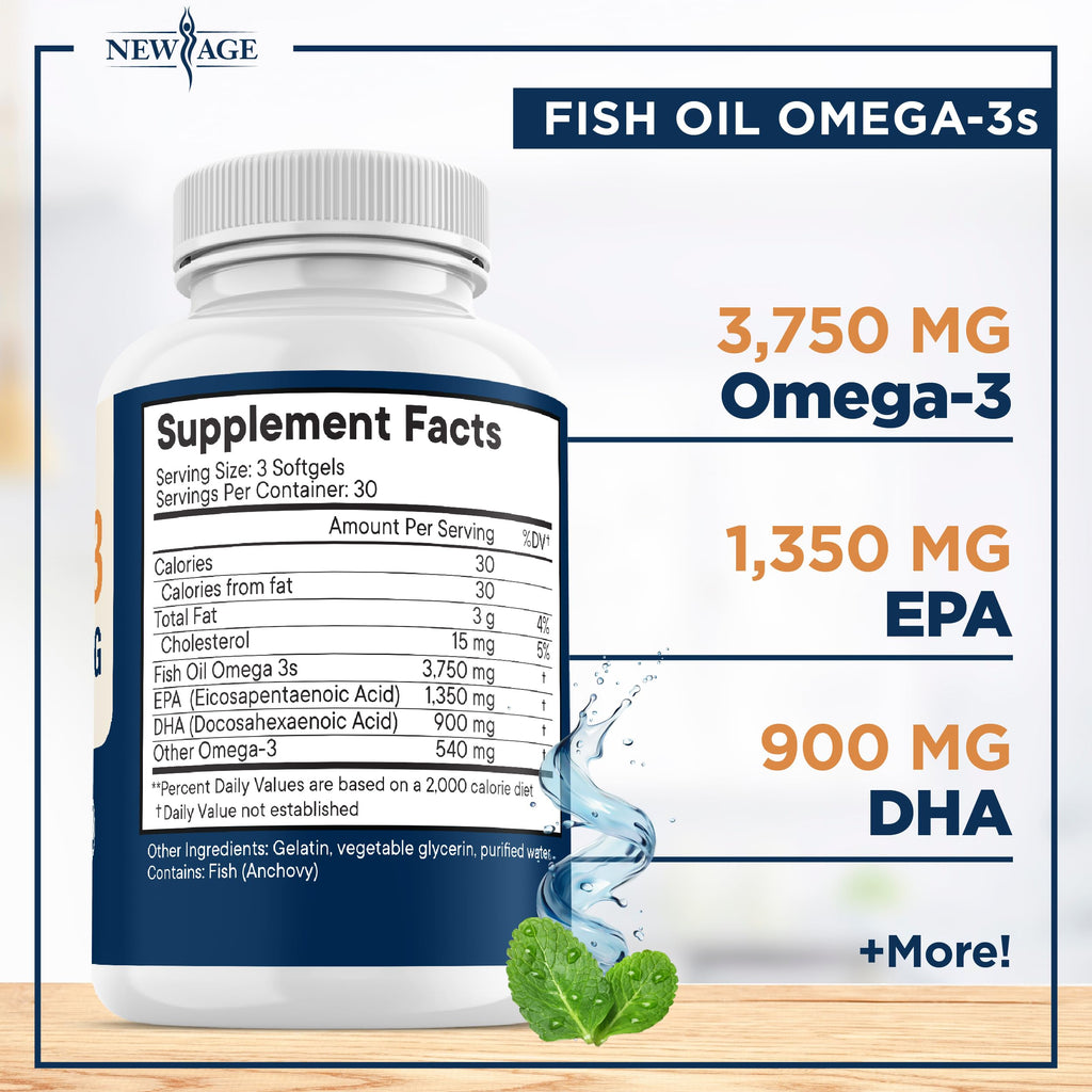 NEW AGE Triple Strength Omega 3 Fish Oil 3750 mg – 1350 mg EPA + 900 mg DHA | 270 Softgels