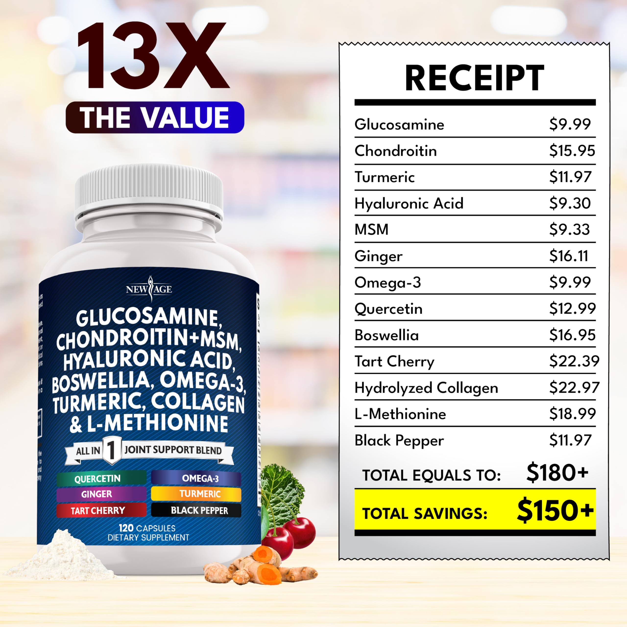 Glucosamine Chondroitin MSM + Turmeric Curcumin, Collagen, Hyaluronic Acid, Omega-3 – Health Supplement 360 Count