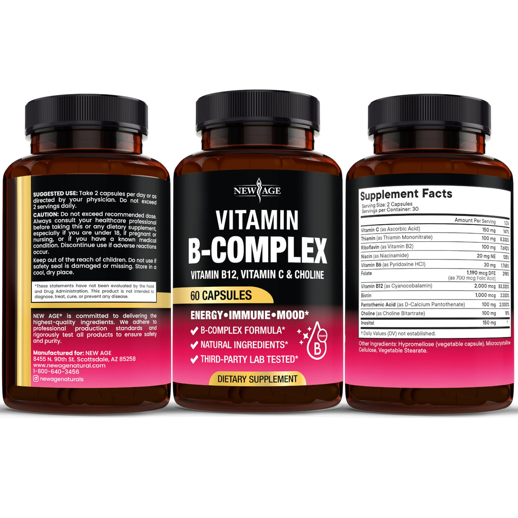 NEW AGE Vitamin B Complex for Men & Women — Made in USA, 180 Vegan Capsules