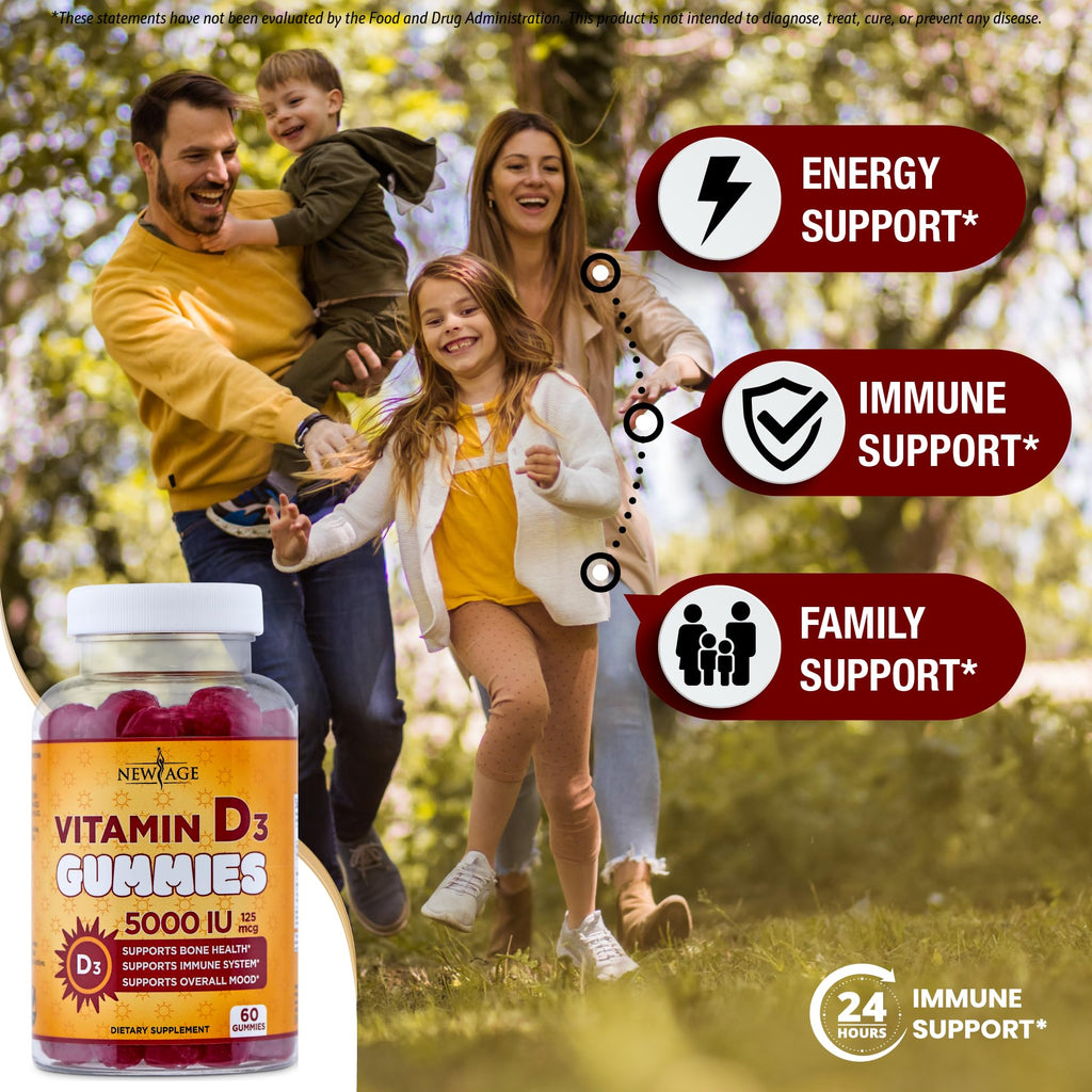 NEW AGE Vitamin D3 5000 IU Gummies – Immune & Bone Health, Non-GMO