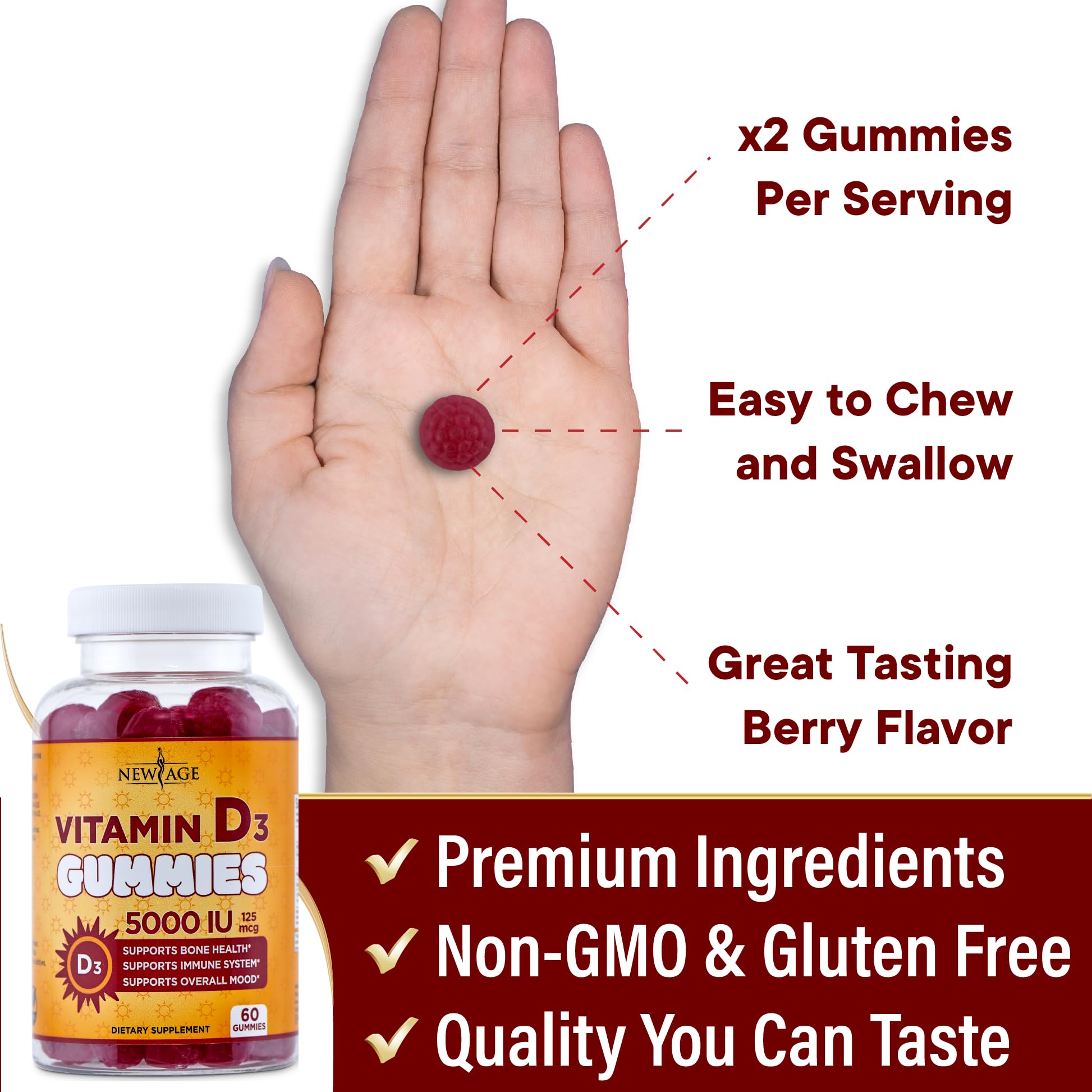 NEW AGE Vitamin D3 5000 IU Gummies – Immune & Bone Health, Non-GMO