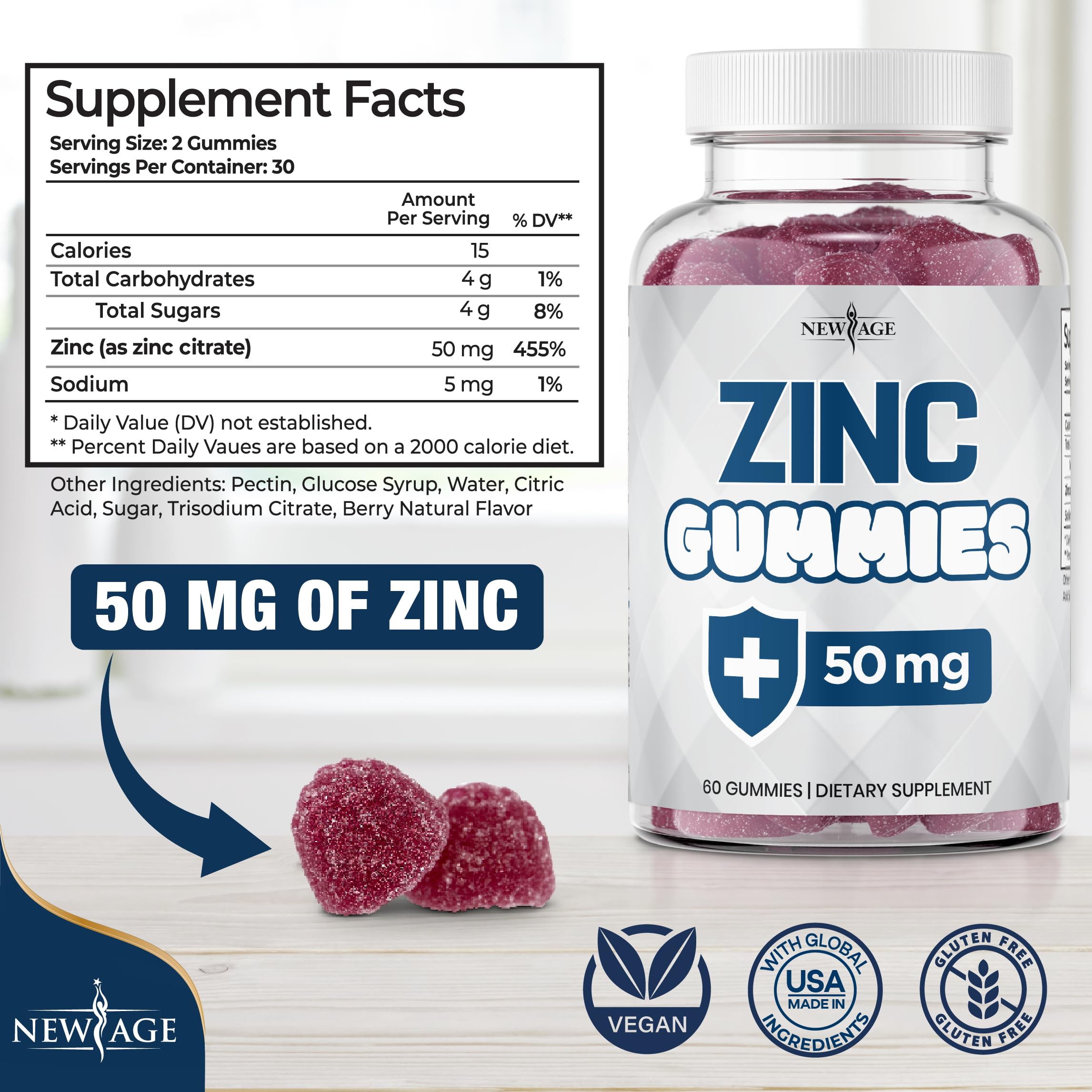 NEW AGE Zinc Gummies 2 Pack - 50mg Zinc Immune Support, Non-GMO | 120 Count