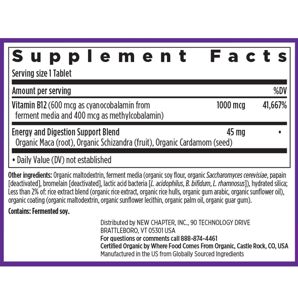 New Chapter Fermented Vitamin B12 1,000 mcg | USDA Organic, Vegan, Gluten Free - 60 Count