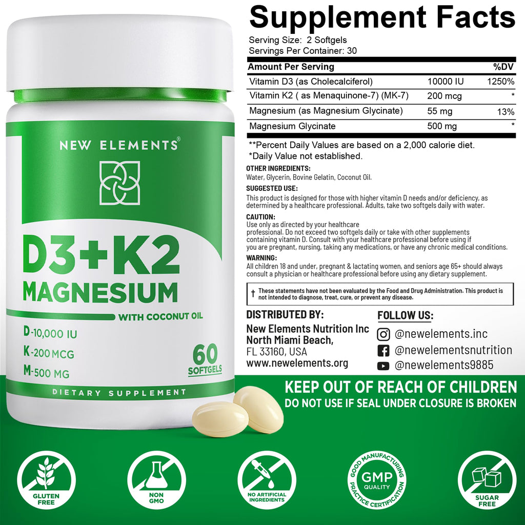 New Elements Vitamin D3 K2 10,000 IU with Magnesium Glycinate 500mg - Bone Health, Immune Support, Energy & Mood - Non-GMO, Gluten-Free, Sugar-Free Softgels for Women & Men (60 softgels)