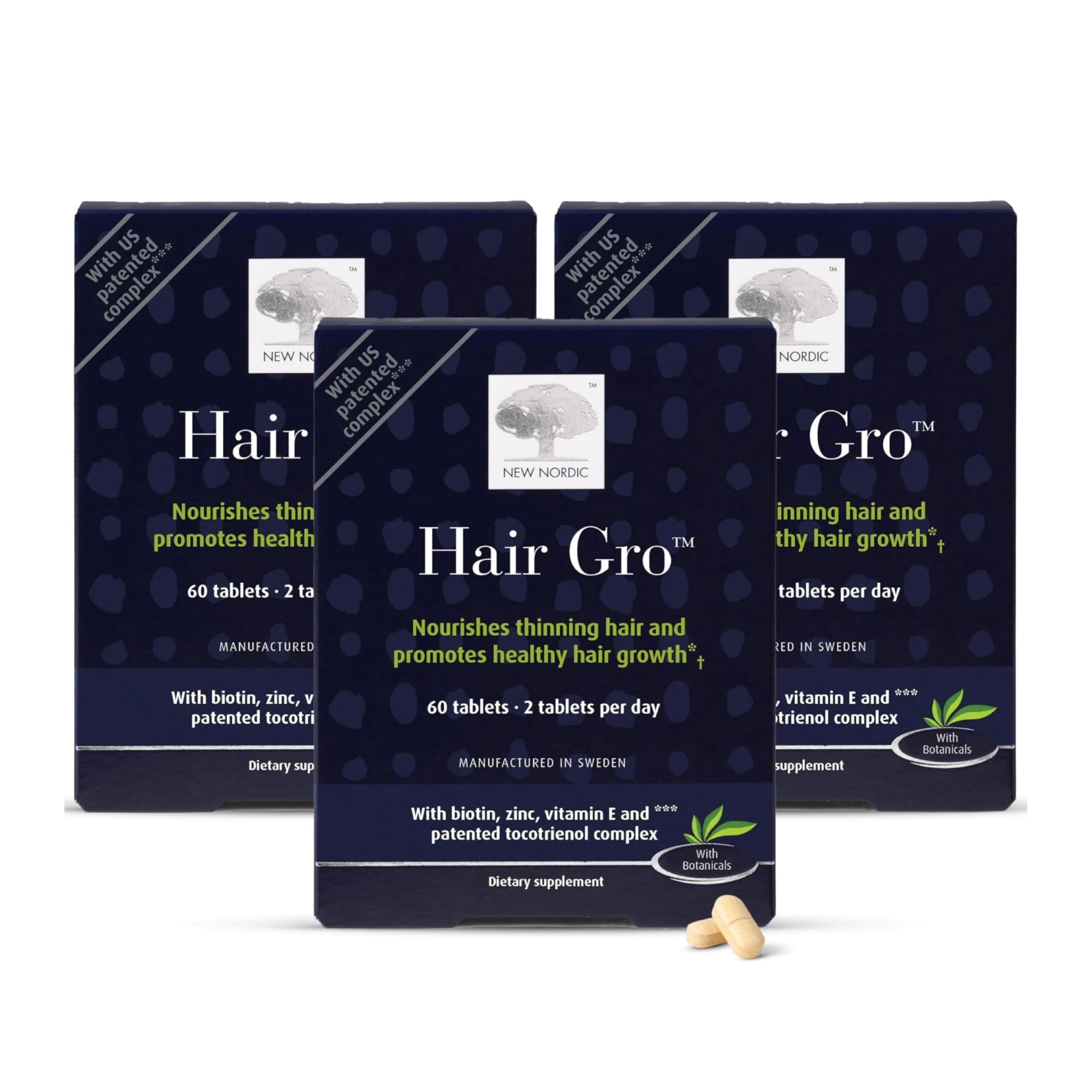 NEW NORDIC Hair GRO – Hair Growth Supplement with Biotin & Palm Tocotrienols (3 x 60 Count)