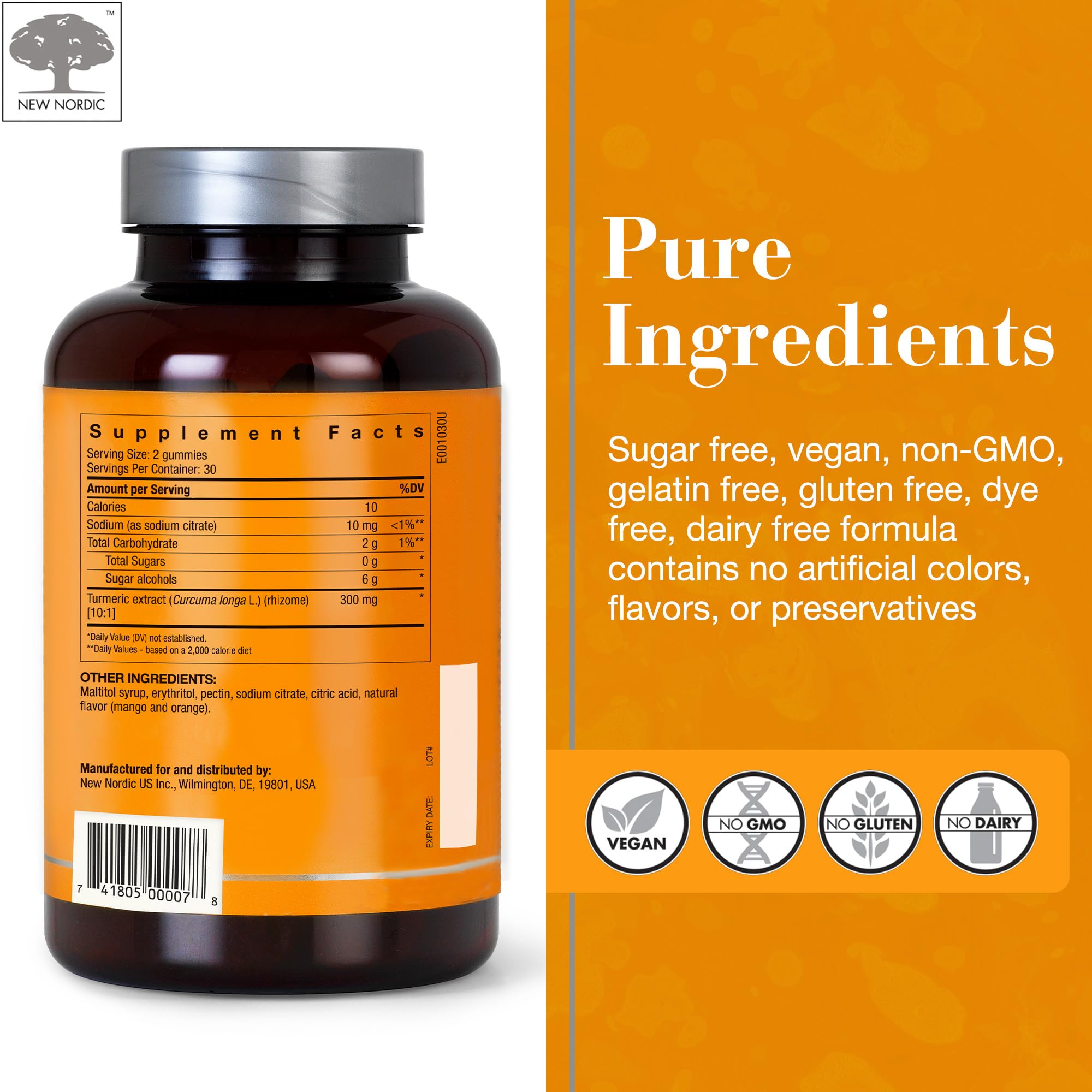 New Nordic Turmeric Curcumin Gummies – Mango Orange, Sugar Free, 300 mg Daily, 60 Count