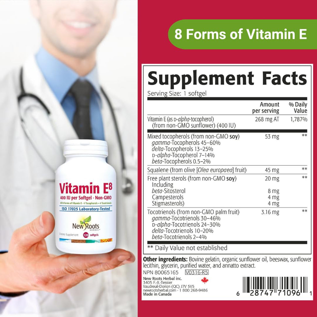 NEW ROOTS HERBAL Vitamin E 400 IU Capsules — 8 Active Forms (Tocopherols & Tocotrienols) | 120 Softgels