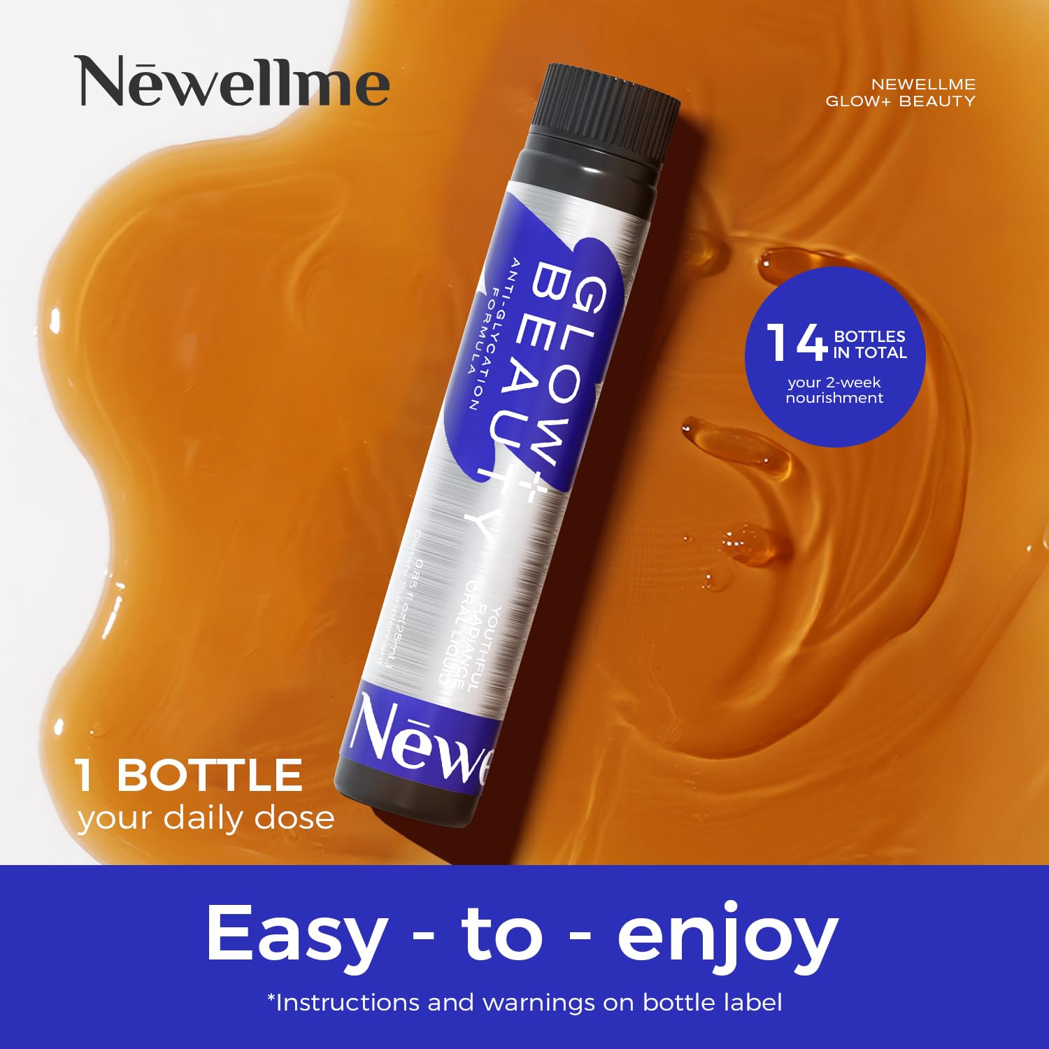 NEWELLME Glow+Beauty Collagen Drink – Liquid Beauty Supplement with Hyaluronic Acid & Antioxidants | 28 Bottles