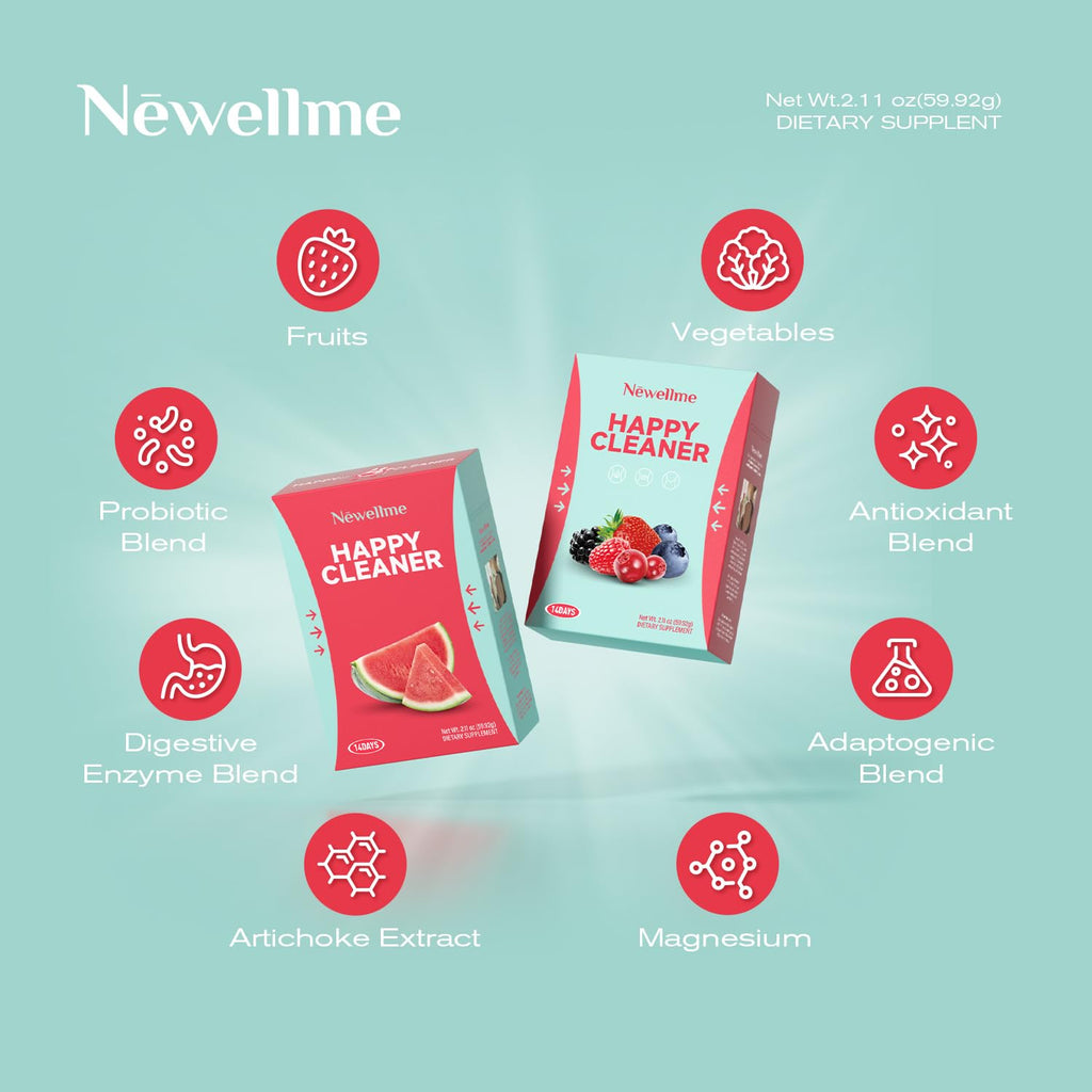 NEWELLME Happy Cleaner Super Greens Powder – Berry Drink Mix, Sugar-Free, 14 Packets, Chlorella & Spirulina