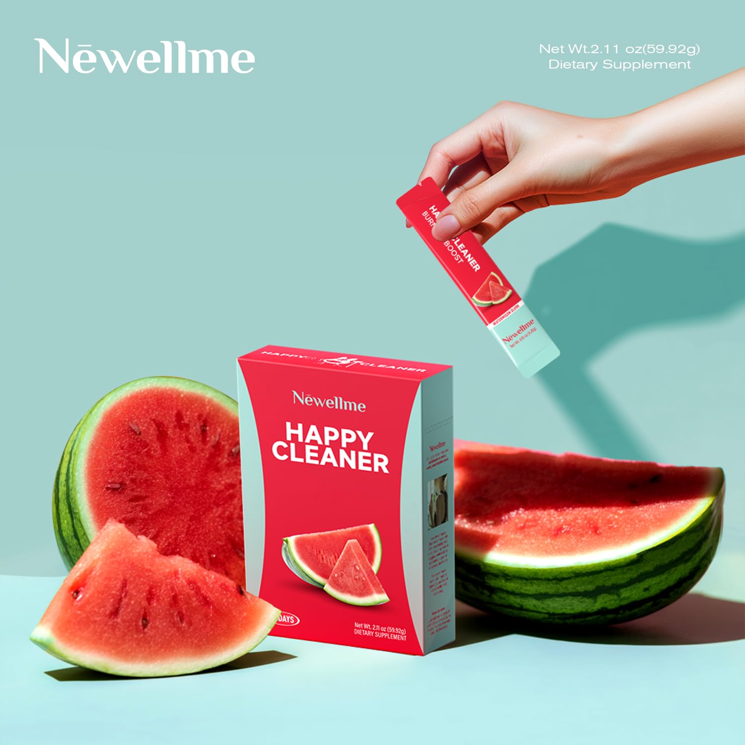 NEWELLME Happy Cleaner Super Greens & Multivitamin Powder with Alfalfa – Watermelon Flavor, 14 Pack