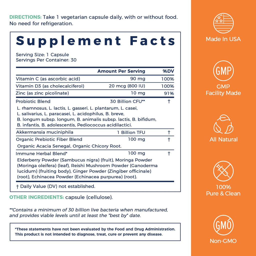 NewRhythm Probiotics for Immune Support – 30B CFU, 16 Strains, Akkermansia, Zinc, Vitamin C & D3 | Non-GMO | 30 Capsules