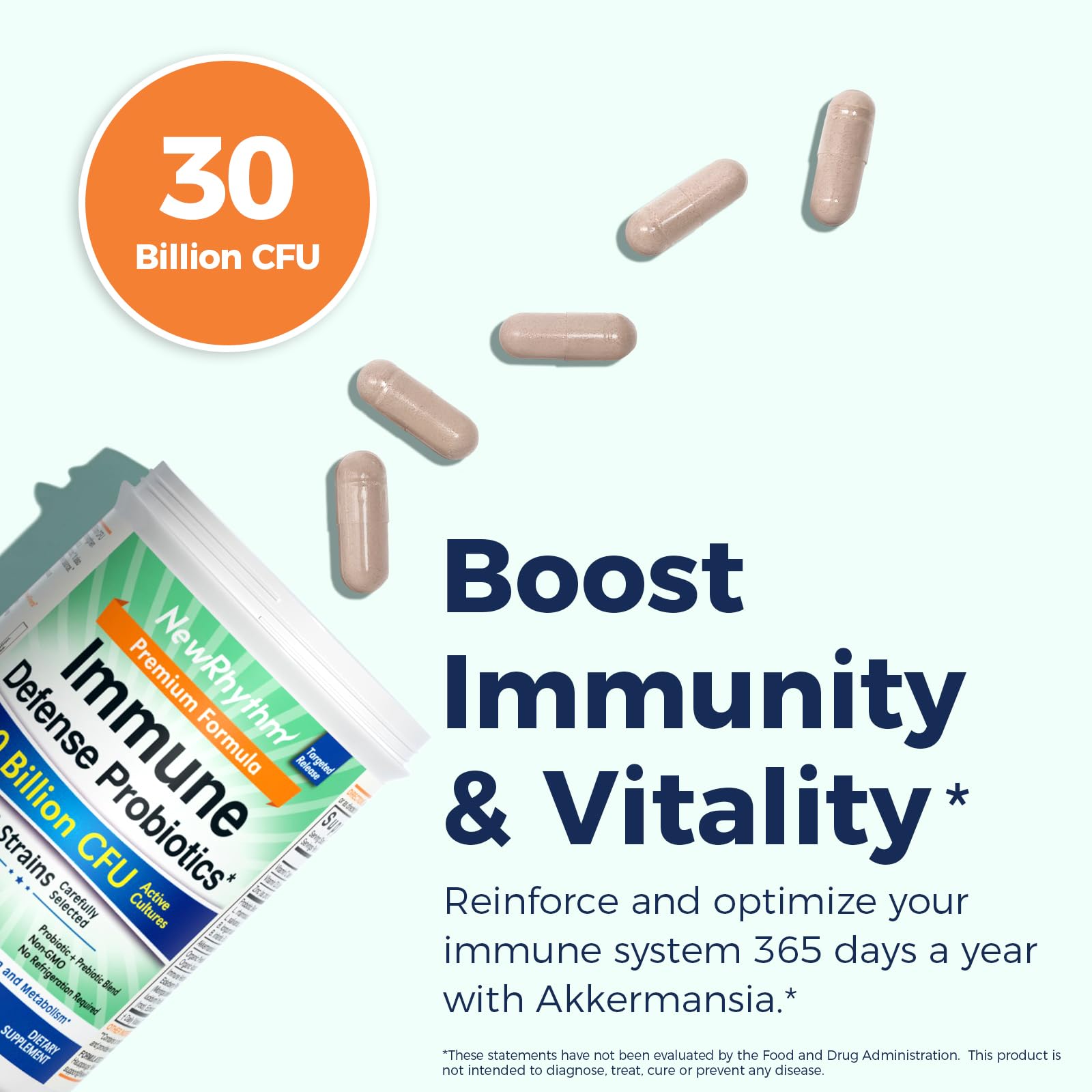 NewRhythm Probiotics for Immune Support – 30B CFU, 16 Strains, Akkermansia, Zinc, Vitamin C & D3 | Non-GMO | 30 Capsules