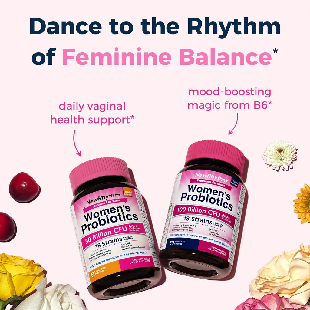 NewRhythm Women's Probiotics, Organic Cranberry for Women's Vaginal Health, 50 Billion CFU 18 Strains, Probiotics and Prebiotics, Support Digestive Health, 60 Vegan Capsules