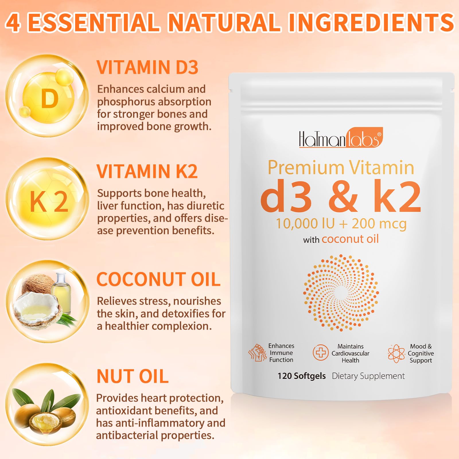 Newseel Vitamin D3 K2 Capsules | D3 & K2 with Coconut Oil – 120 Softgels