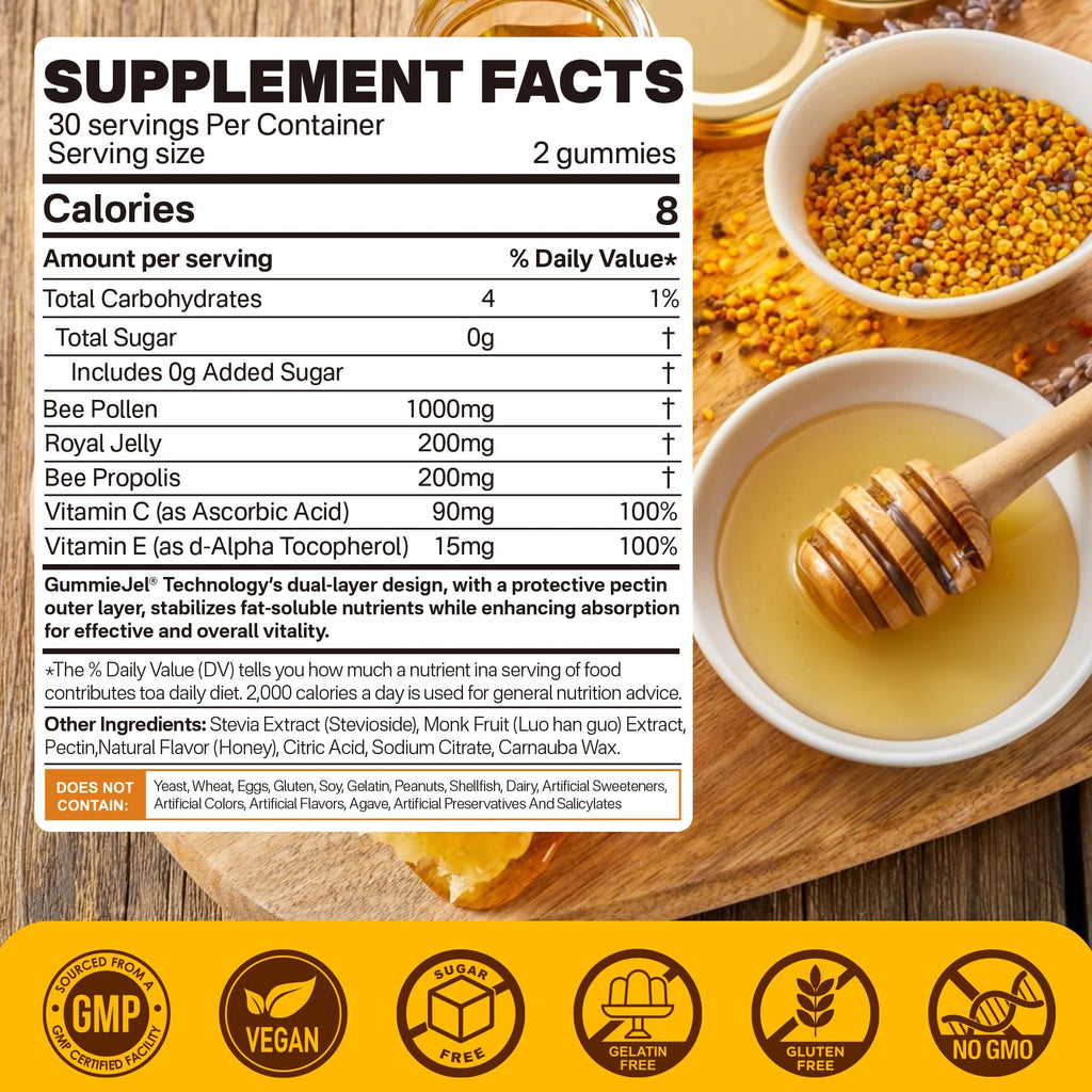 Nextdia Bee Pollen Organic 1000mg Gummies with Propolis & Royal Jelly | Sugar Free
