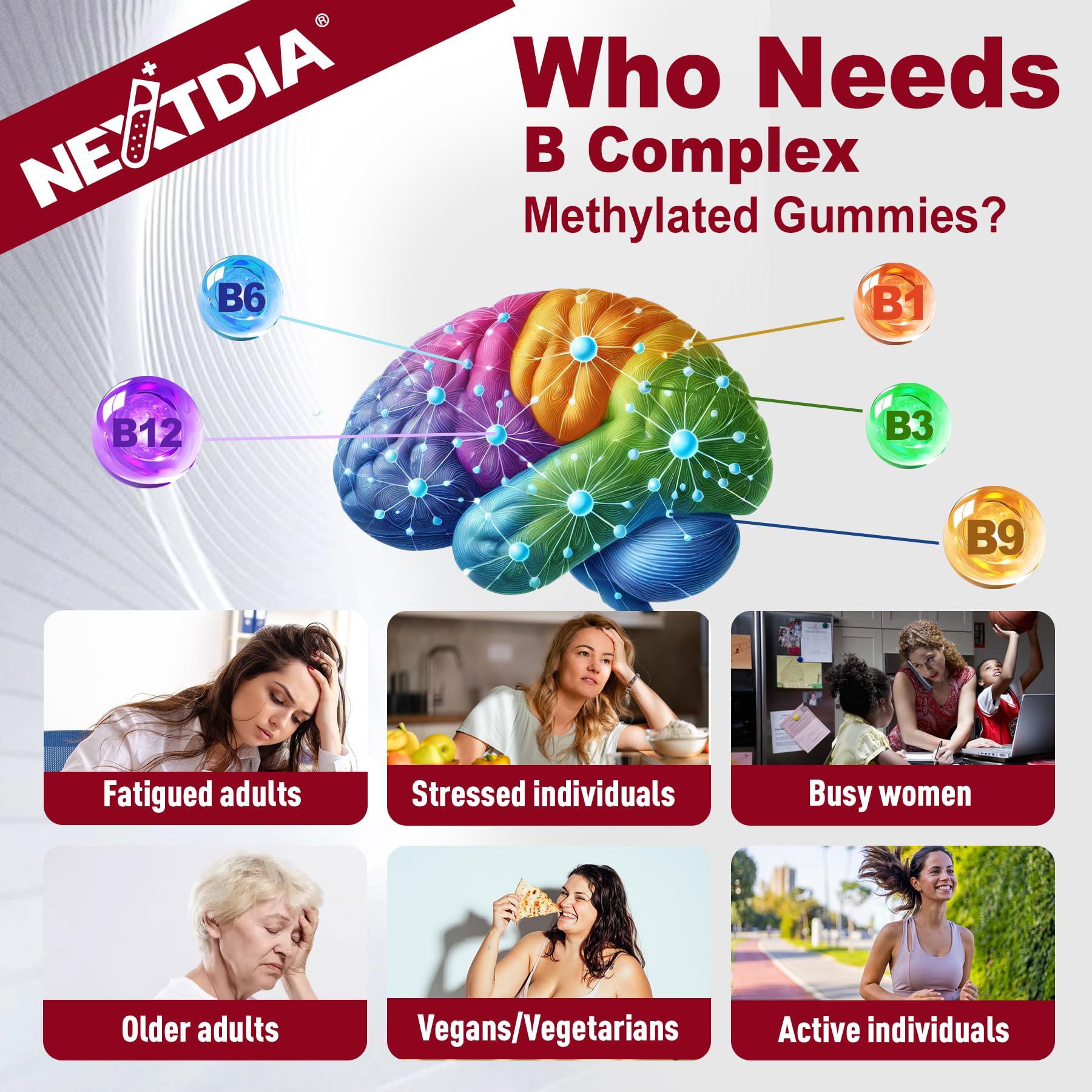 Nextdia Brain & Mood Support Gummies – Vegan B-Complex (120 Ct)