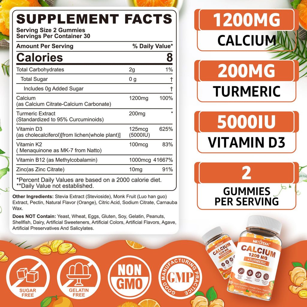 Nextdia Calcium 1200 mg Gummies with Vitamin D3 – Turmeric, K2, B12 | Sugar-Free & Vegan (60 Count)