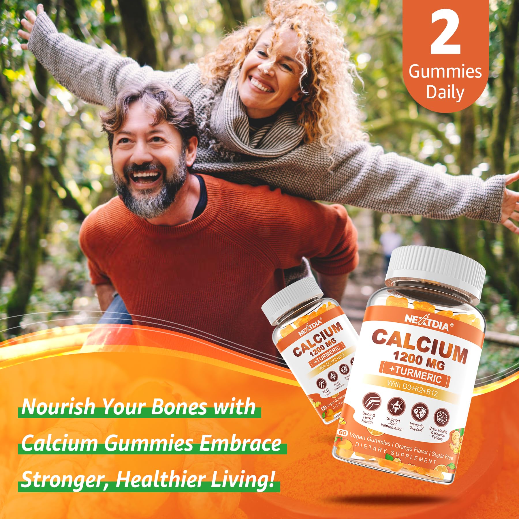 Nextdia Calcium 1200 mg Gummies with Vitamin D3 – Turmeric, K2, B12 | Sugar-Free & Vegan (60 Count)