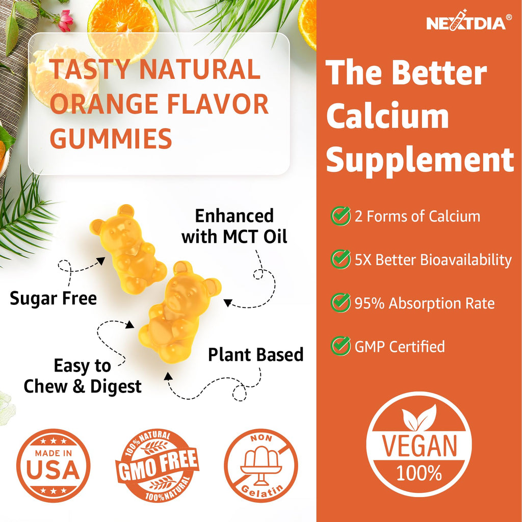Nextdia Calcium 1200 mg Gummies with Vitamin D3 – Turmeric, K2, B12 | Sugar-Free & Vegan (60 Count)