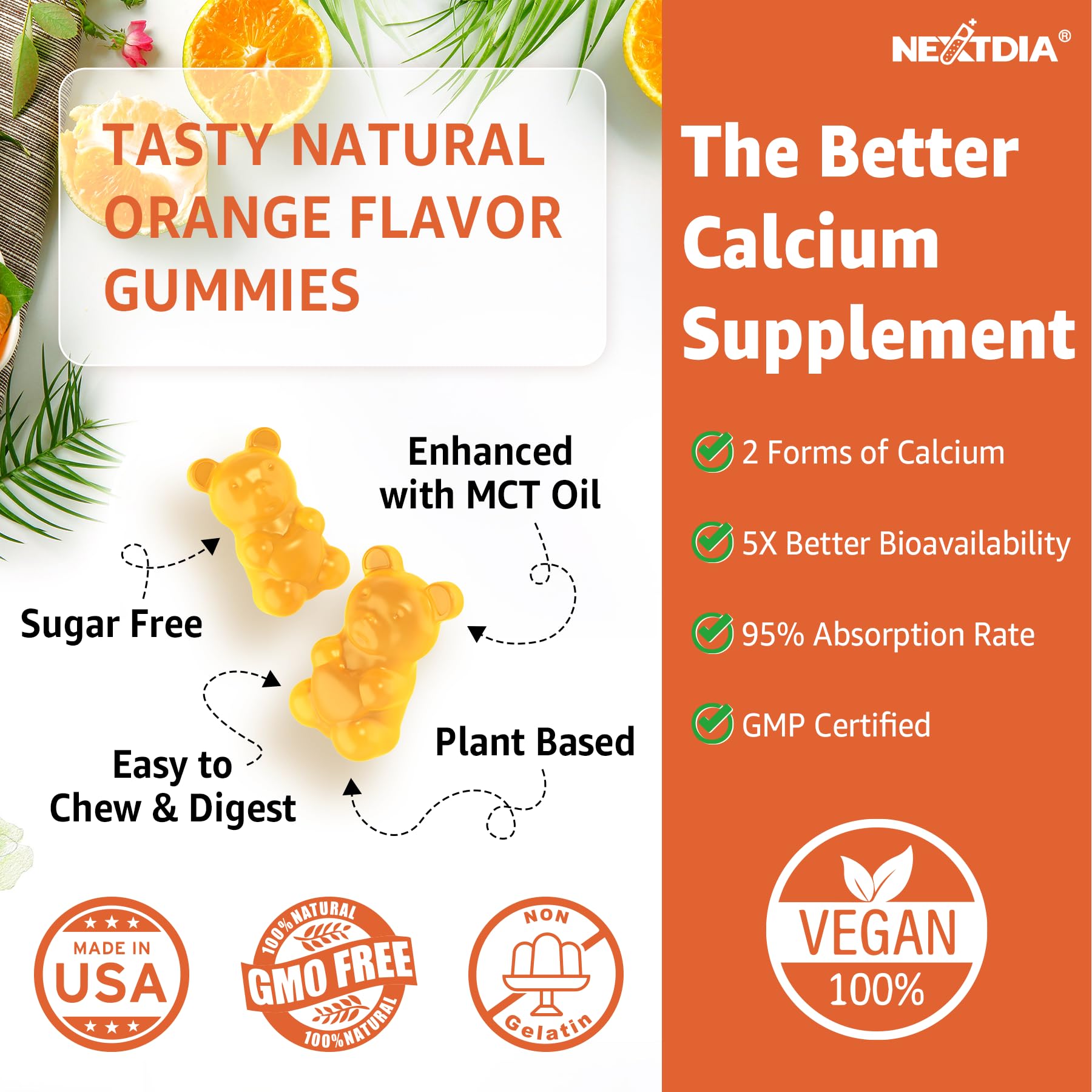 Nextdia Calcium 1200 mg Gummies with Vitamin D3 – Turmeric, K2, B12 | Sugar-Free & Vegan (60 Count)