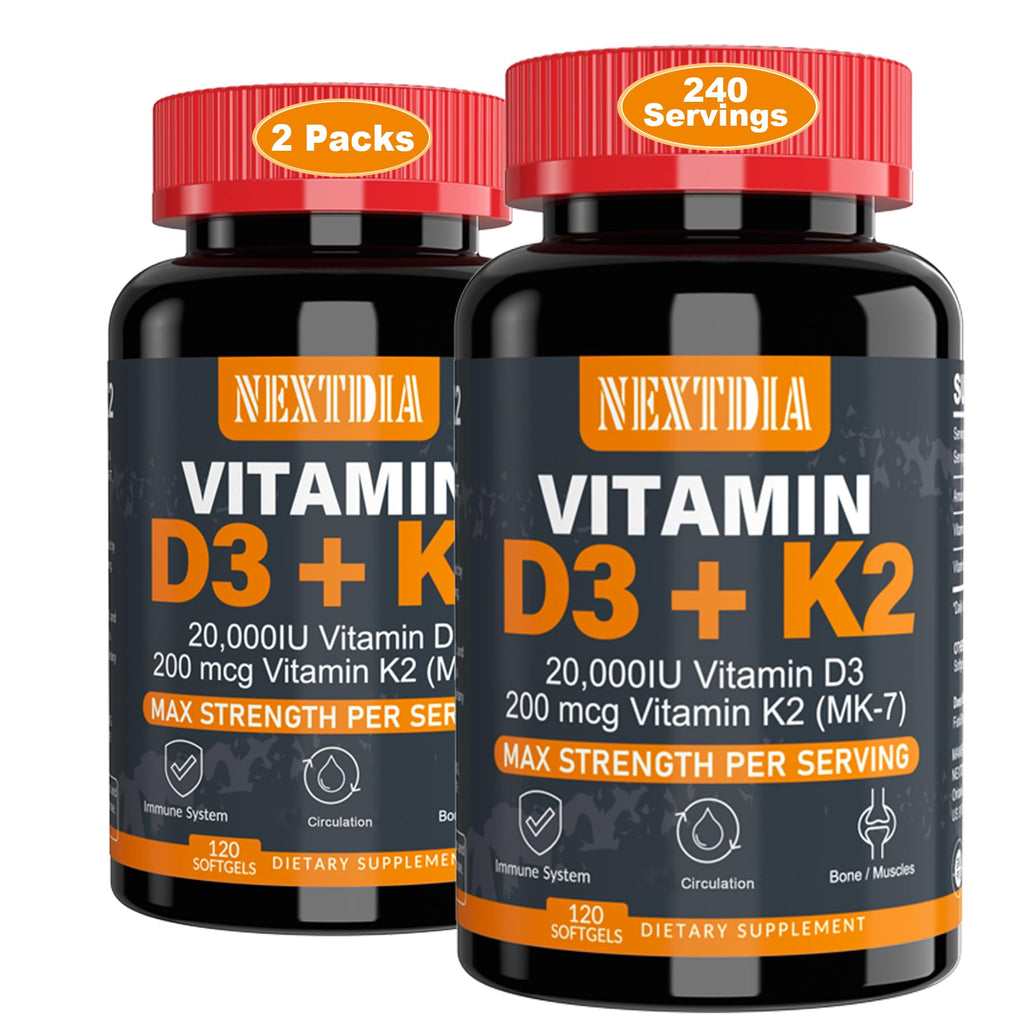 Nextdia Vitamin D3 20,000 IU + K2 MK-7 200 mcg | Strong Bones & Immunity (Pack of 2)