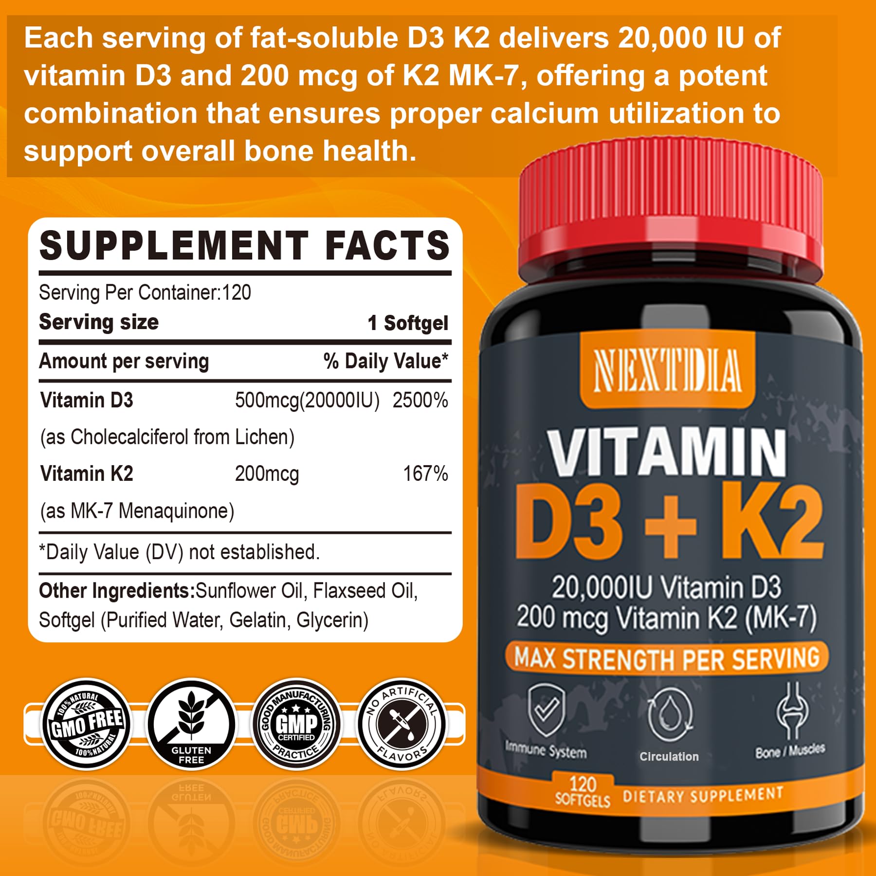 Nextdia Vitamin D3 20,000 IU + K2 MK-7 200 mcg | Strong Bones & Immunity (Pack of 2)