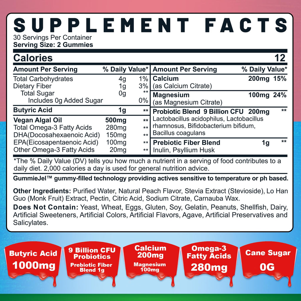 Nextdia Butyrate Gummies with Probiotics, Prebiotics & Omega-3 – Sugar Free
