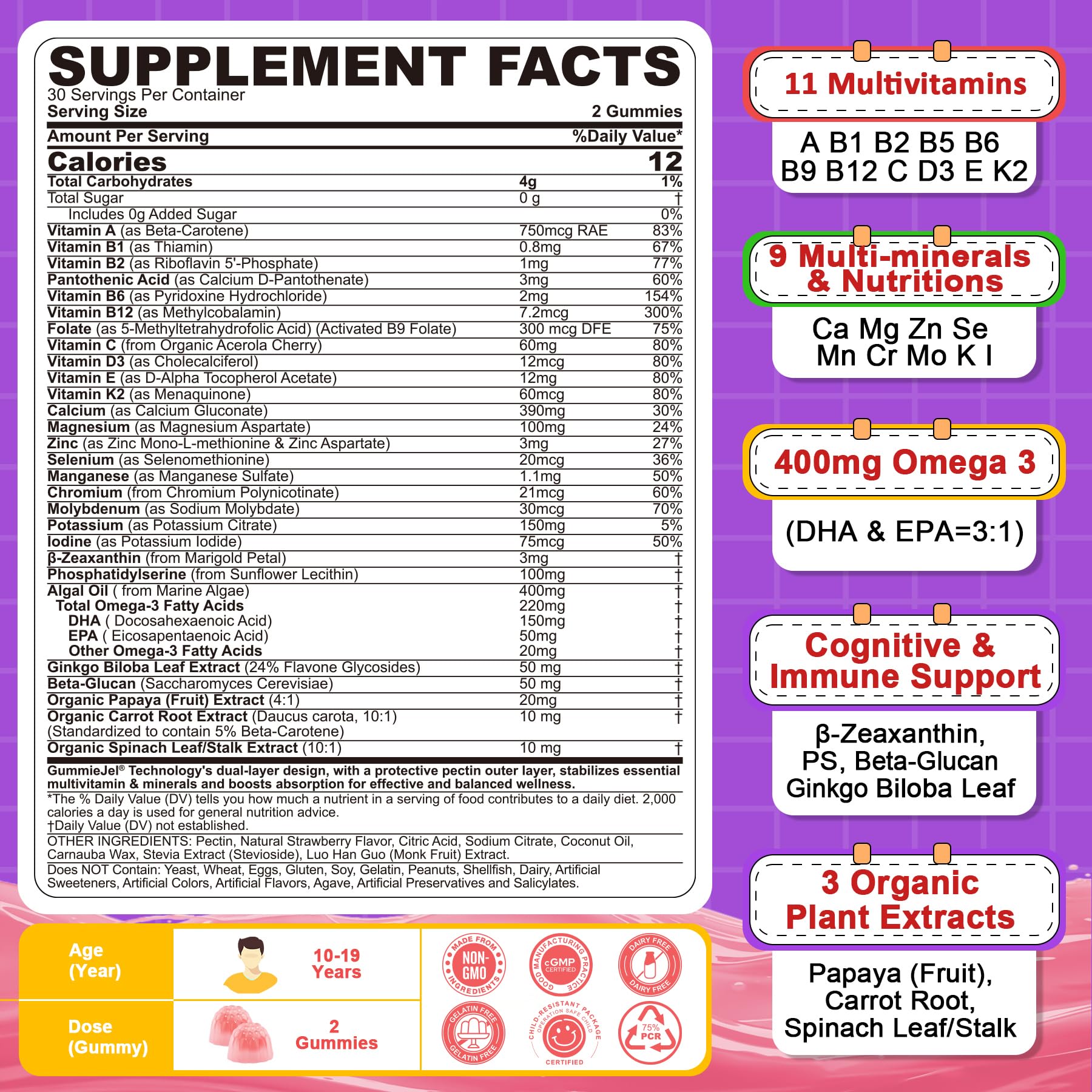 Nextdia Multivitamin Gummies for Teens 12-19 Omega-3 Calcium Zinc