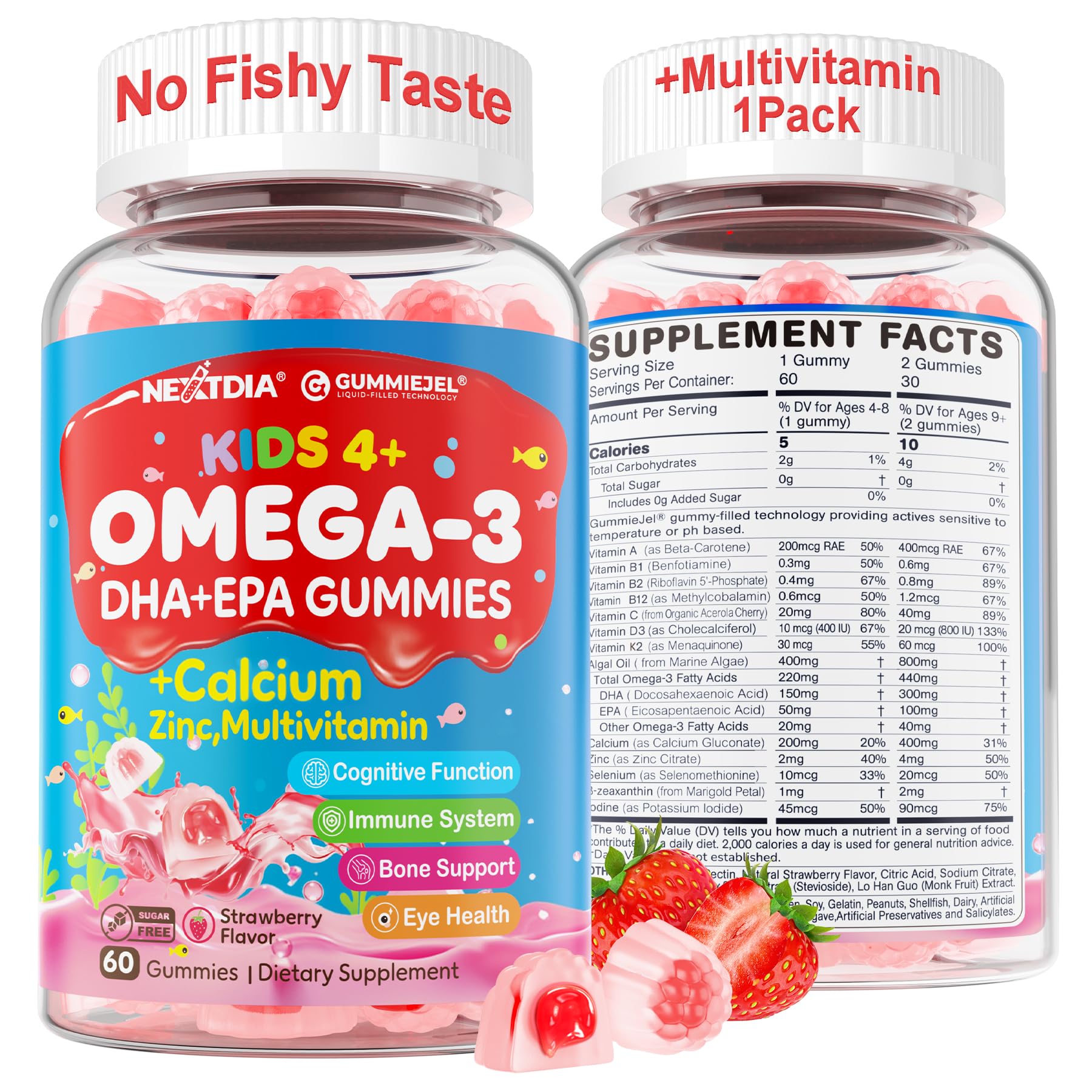Nextdia Omega-3 Gummies for Kids – Multivitamin, Calcium, D3, K2, Zinc | Sugar Free