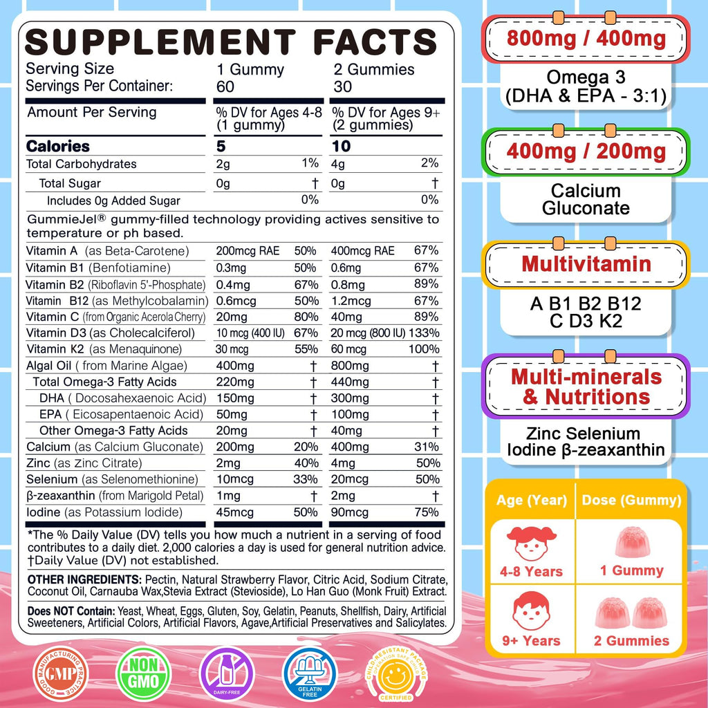 Nextdia Omega-3 Gummies for Kids – Multivitamin, Calcium, D3, K2, Zinc | Sugar Free